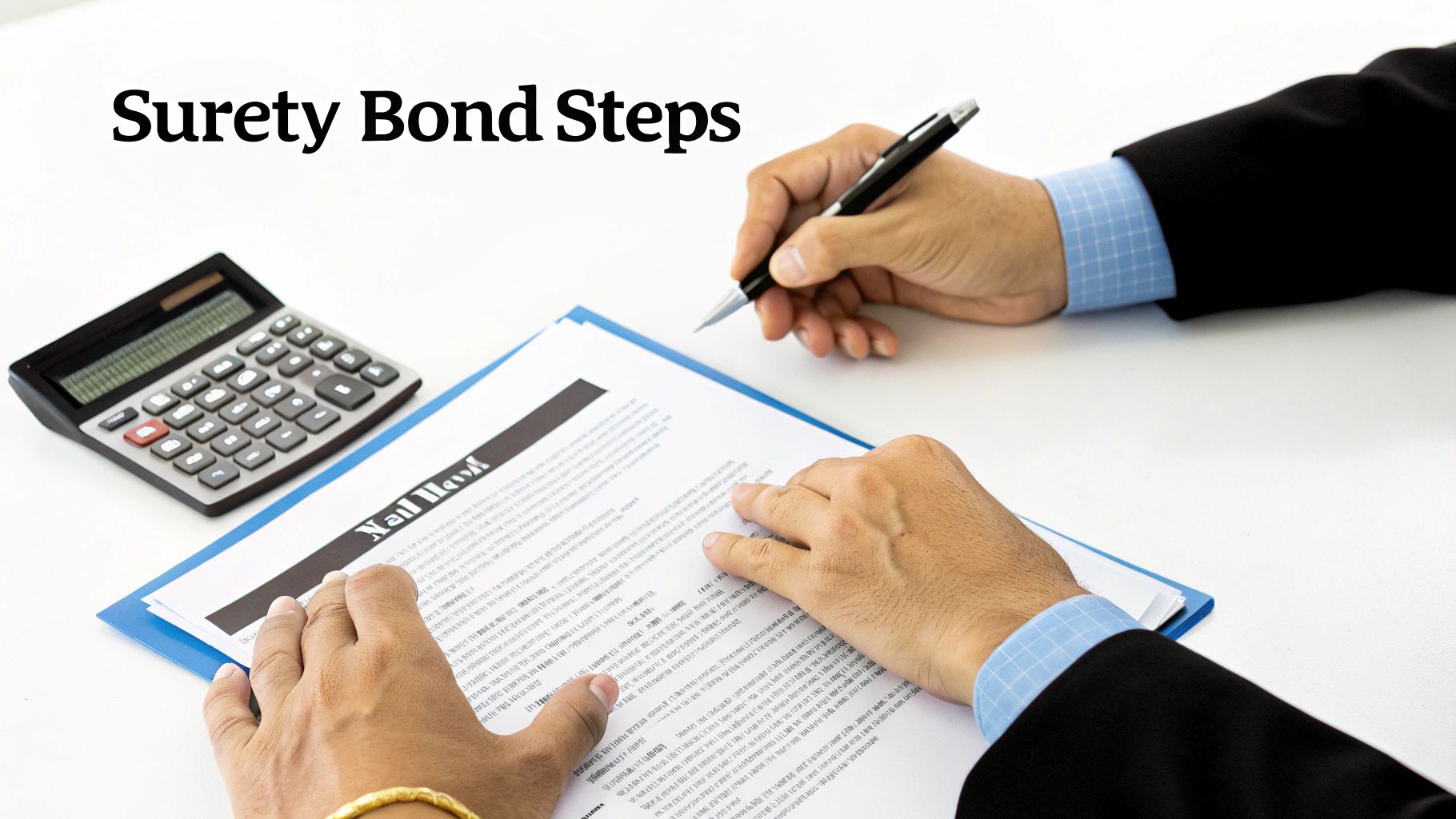 Hands signing a document titled 'Surety Bond Steps' with a calculator on a white table.