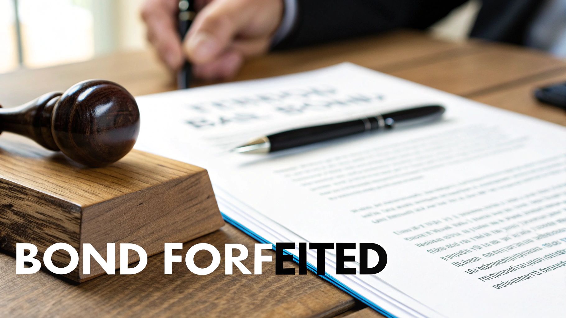 A gavel rests on a wooden block next to a legal document being signed, with a 'BOND FORFEITED' text.