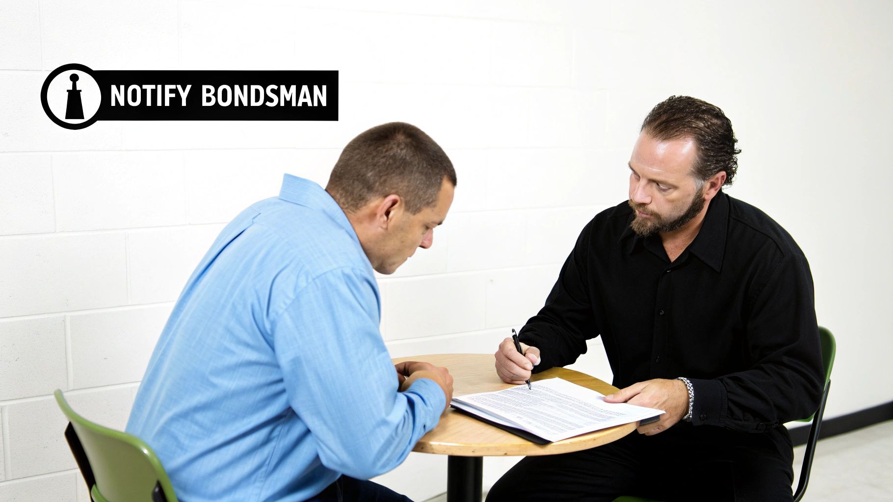 Two men review and sign documents at a table, with a 'NOTIFY BONDSMAN' sign.