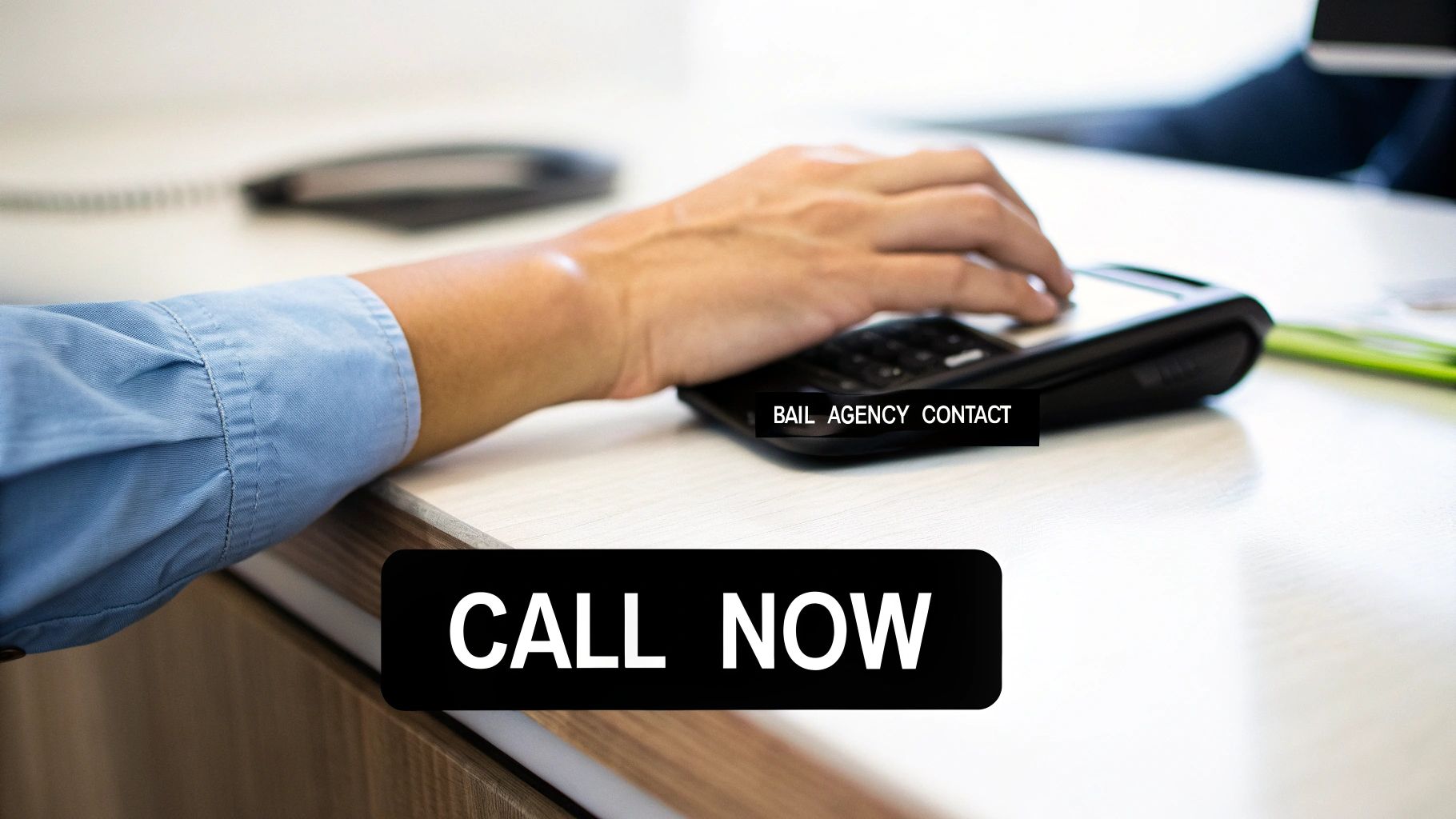 A person's hand typing on a payment terminal, with 'Bail Agency Contact' and 'Call Now' text overlays.