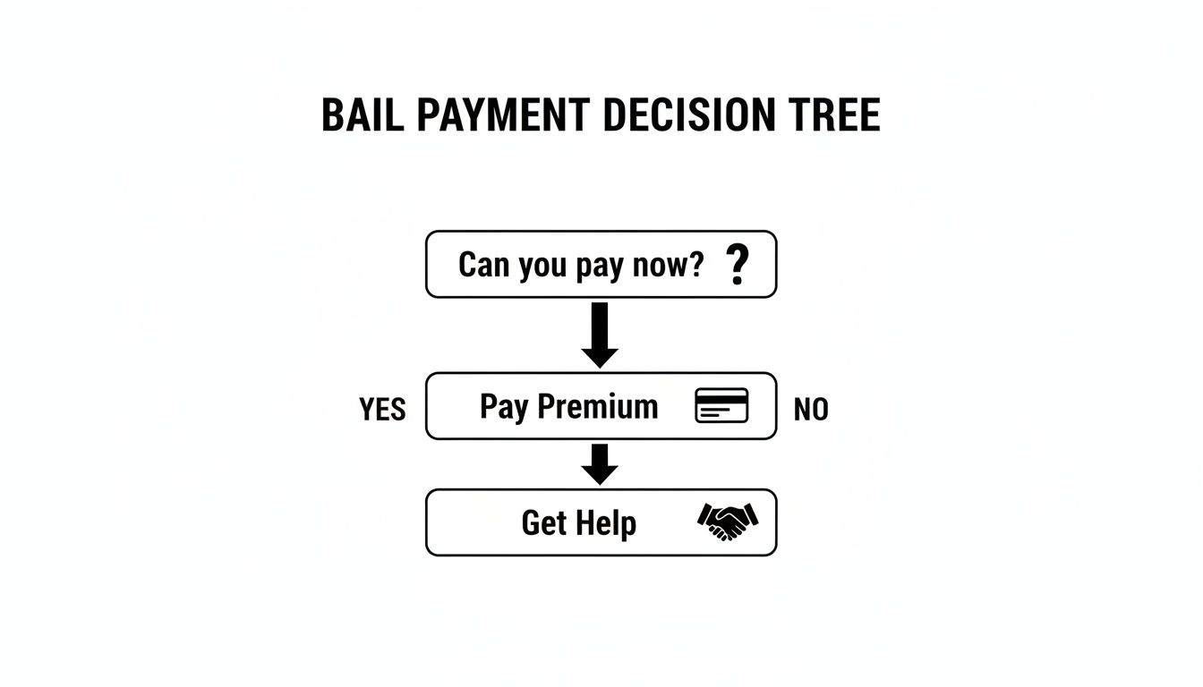 A bail payment decision tree flowchart. If you can pay now, pay premium. If not, get help.