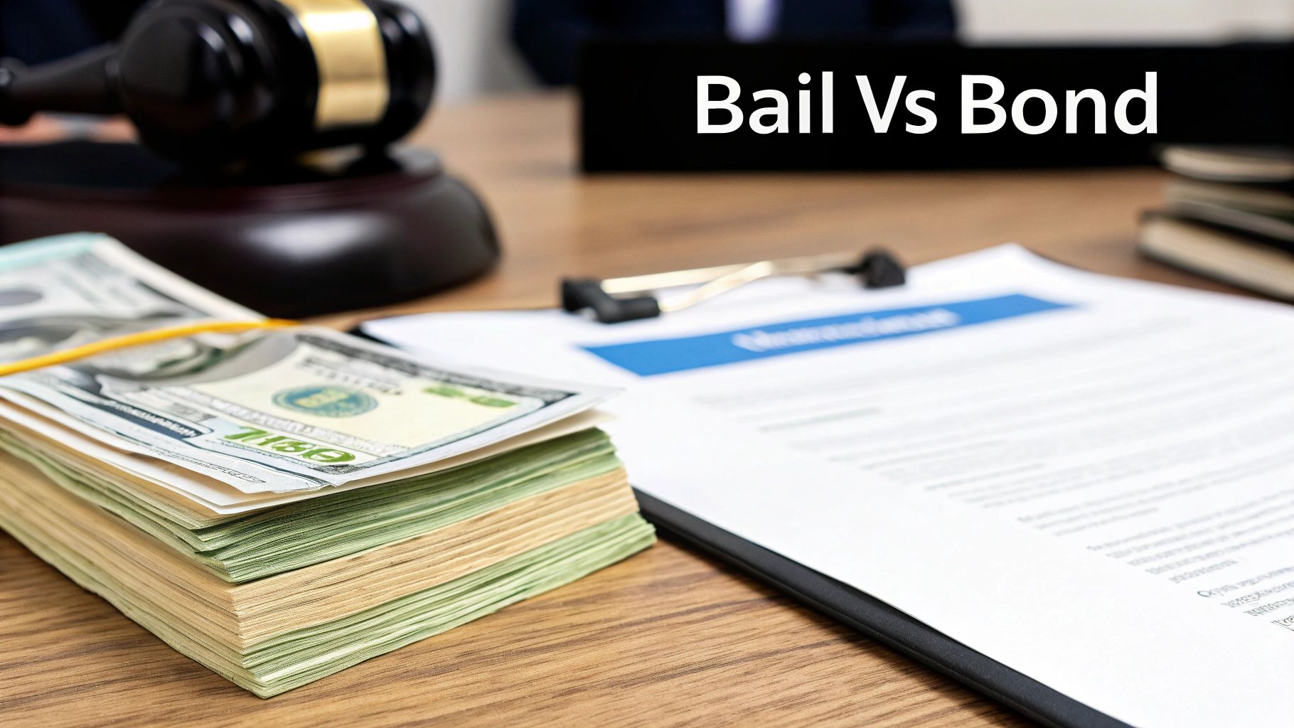 Stack of US dollar bills, a gavel, and a legal document on a wooden desk with 'Bail Vs Bond' text.