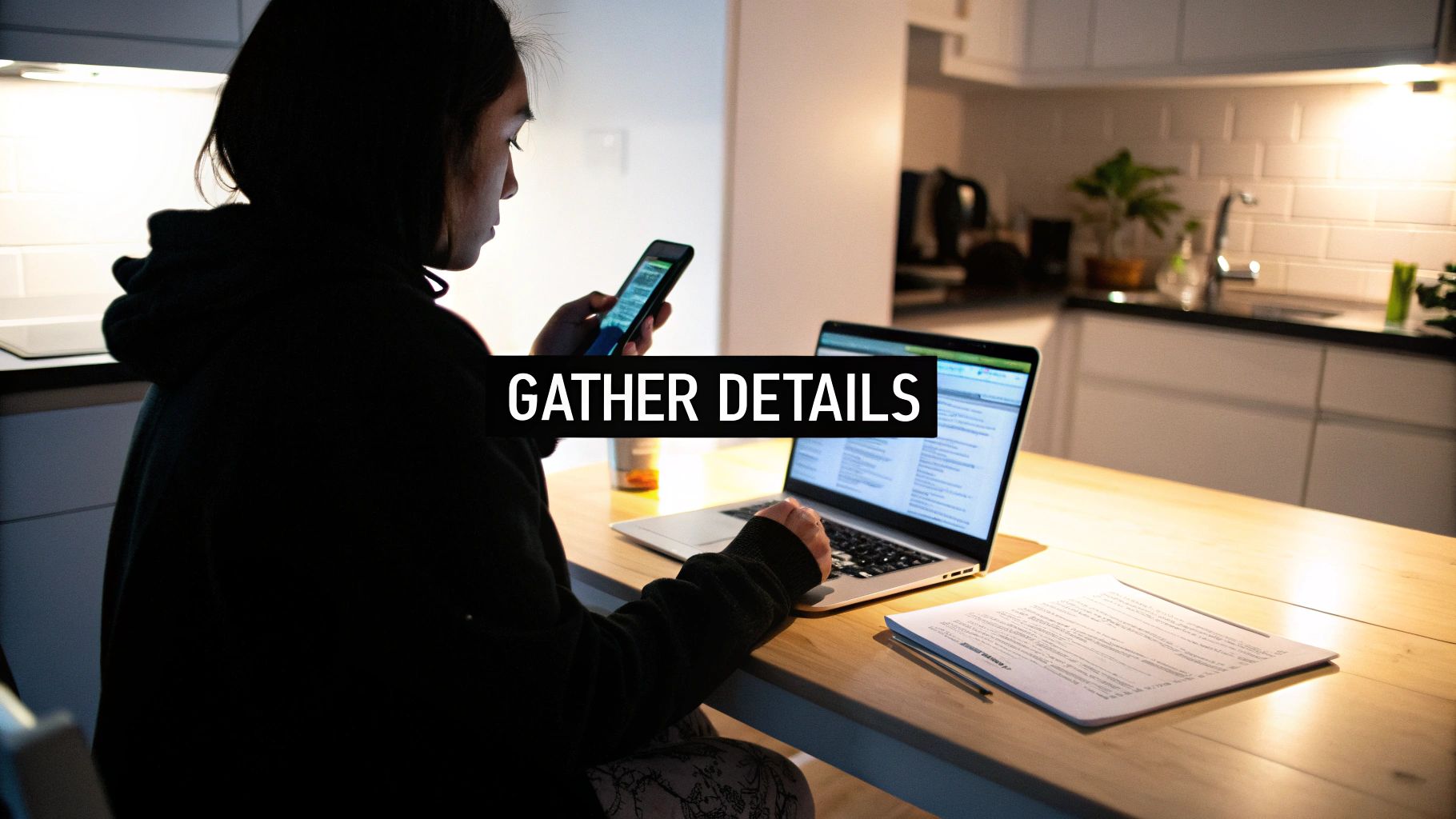 A person sits at a kitchen table, multitasking with a smartphone and laptop to gather information.