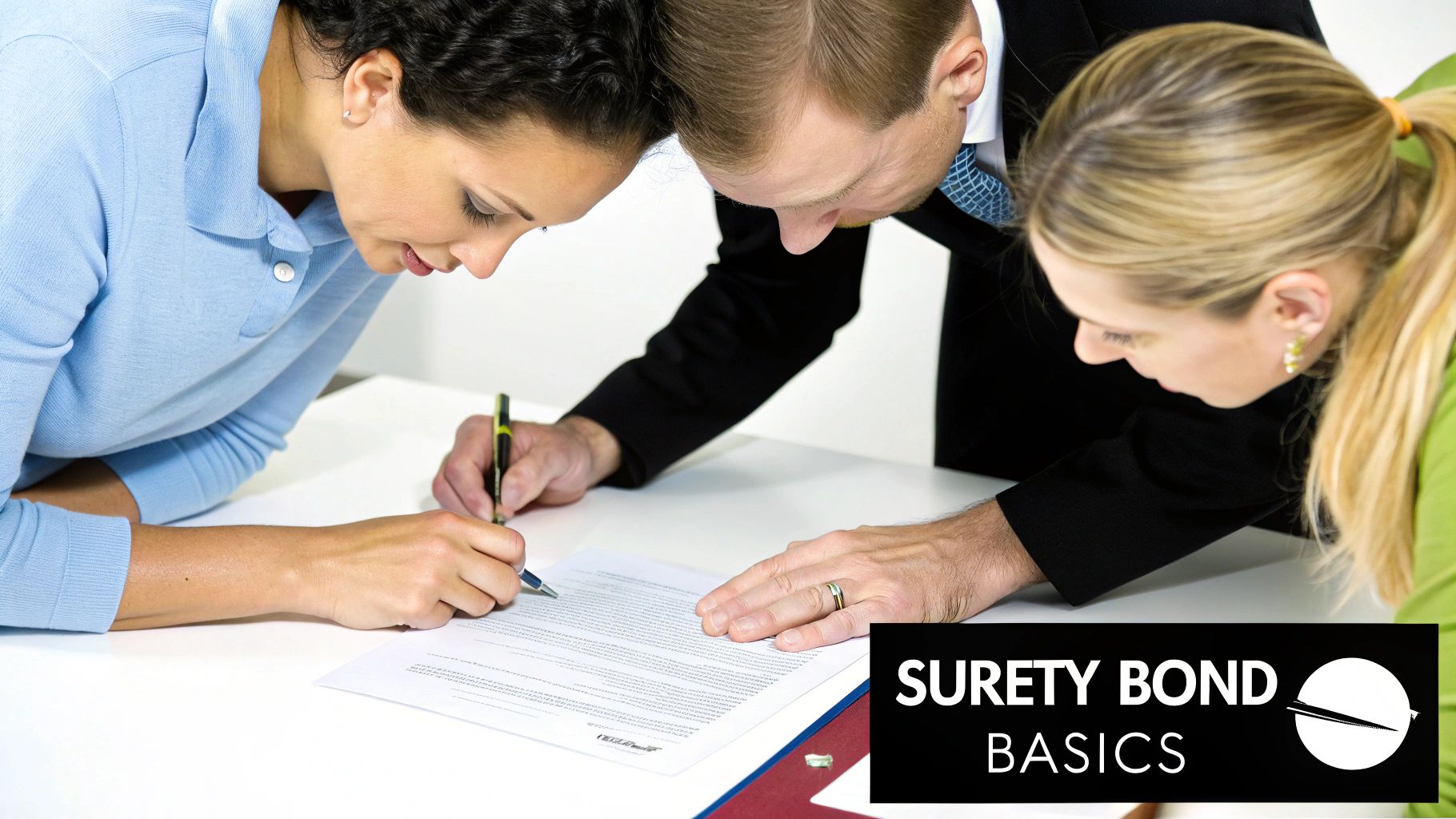 Three individuals, including a woman signing a document, gather around a table. Text: SURETY BOND BASICS.