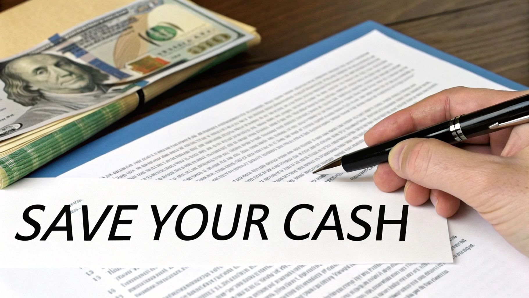 A hand holding a pen over a document with 'SAVE YOUR CASH' text, next to a stack of dollar bills.