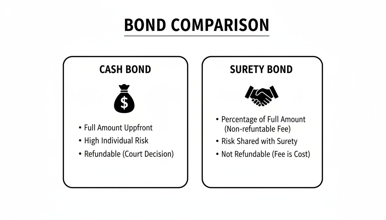 A detailed comparison table contrasting cash bonds with surety bonds regarding cost, risk, and refundability.