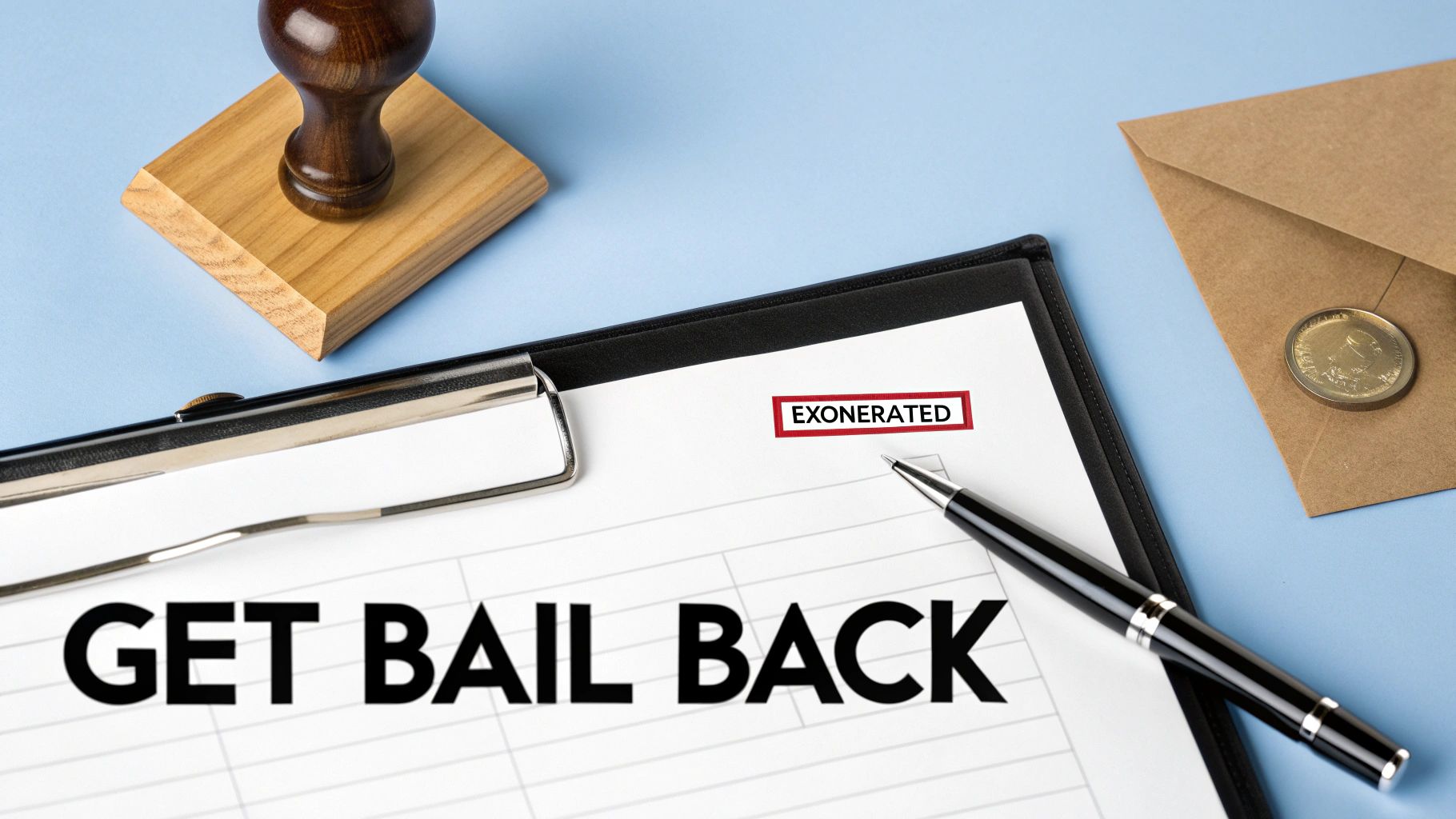 A document on a clipboard displays 'GET BAIL BACK' and 'EXONERATED', with a pen, wooden stamp, and envelope.