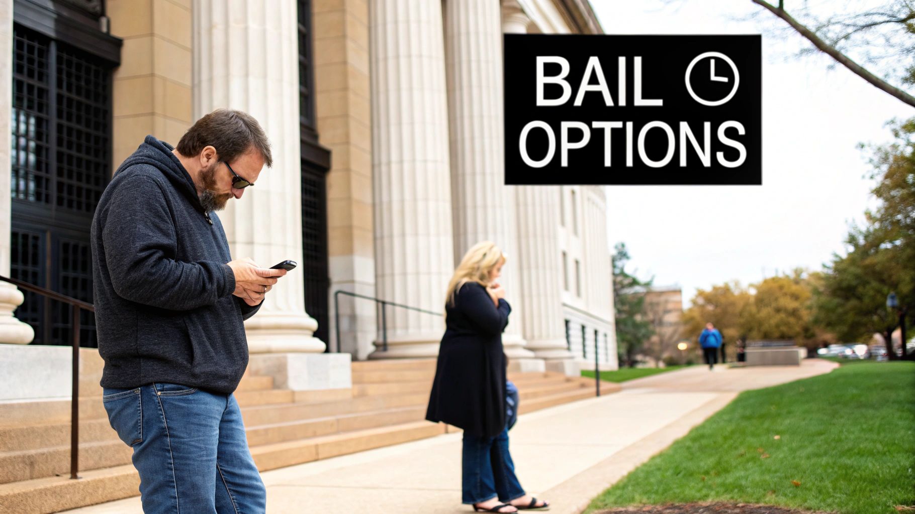 Man using smartphone outside a courthouse with a woman standing nearby, featuring text overlay "BAIL OPTIONS," highlighting the importance of choosing bail methods.
