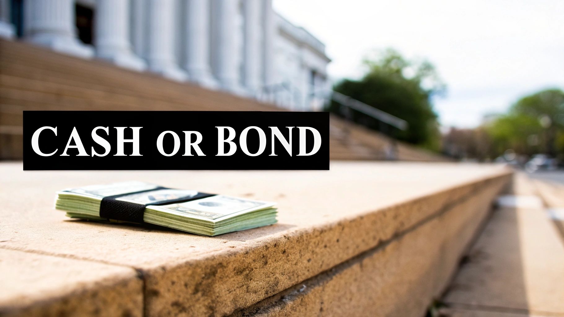 A stack of cash on a stone ledge with the text 'CASH OR BOND' and a blurred courthouse in the background.