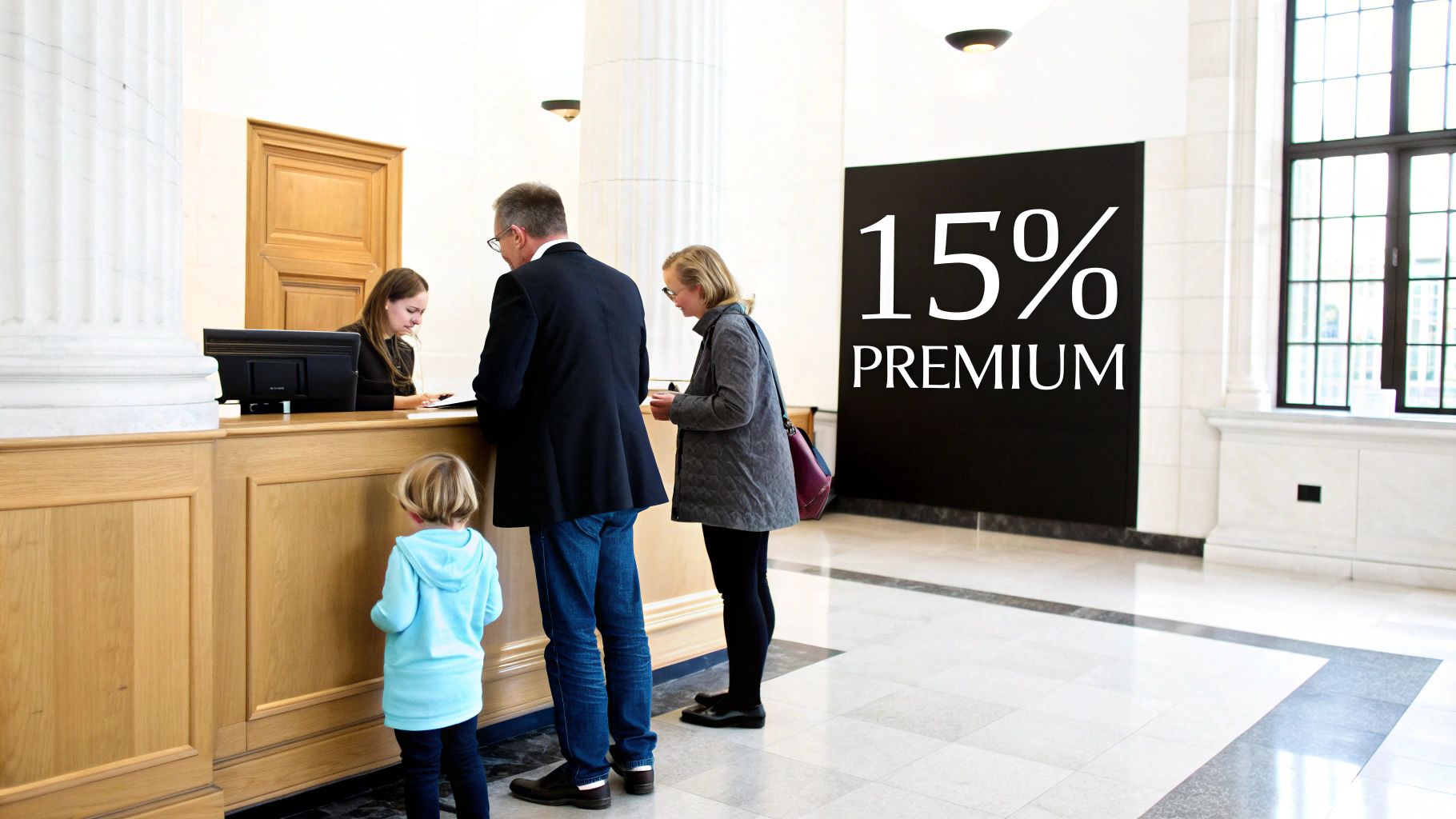People interacting at a reception desk in a financial institution lobby with a '15% PREMIUM' sign.
