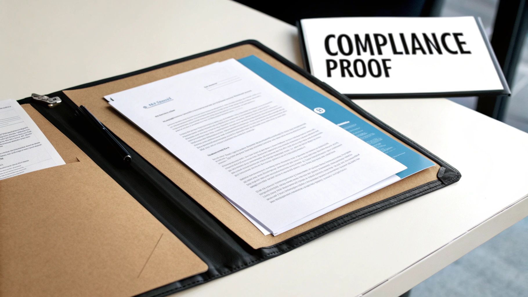 An open black folder on a white desk containing documents and a pen, with a 'COMPLIANCE PROOF' sign.