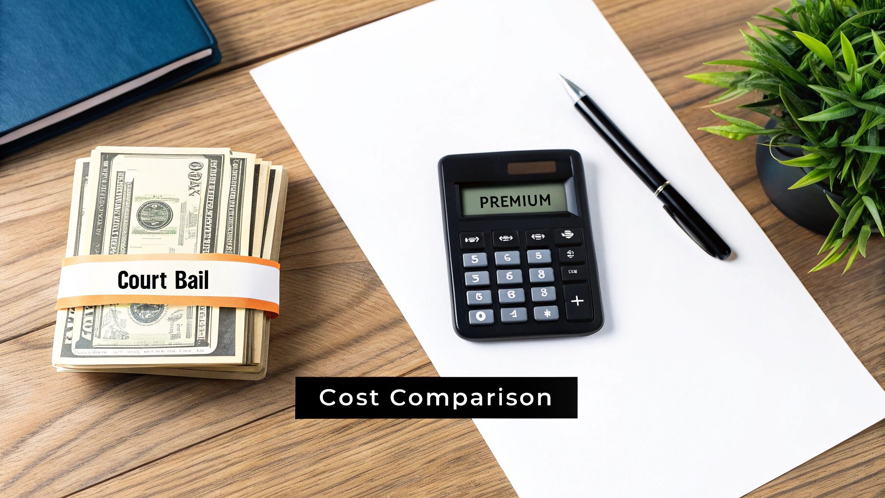 A stack of money labeled 'Court Bail' next to a calculator showing 'PREMIUM', illustrating a cost comparison.