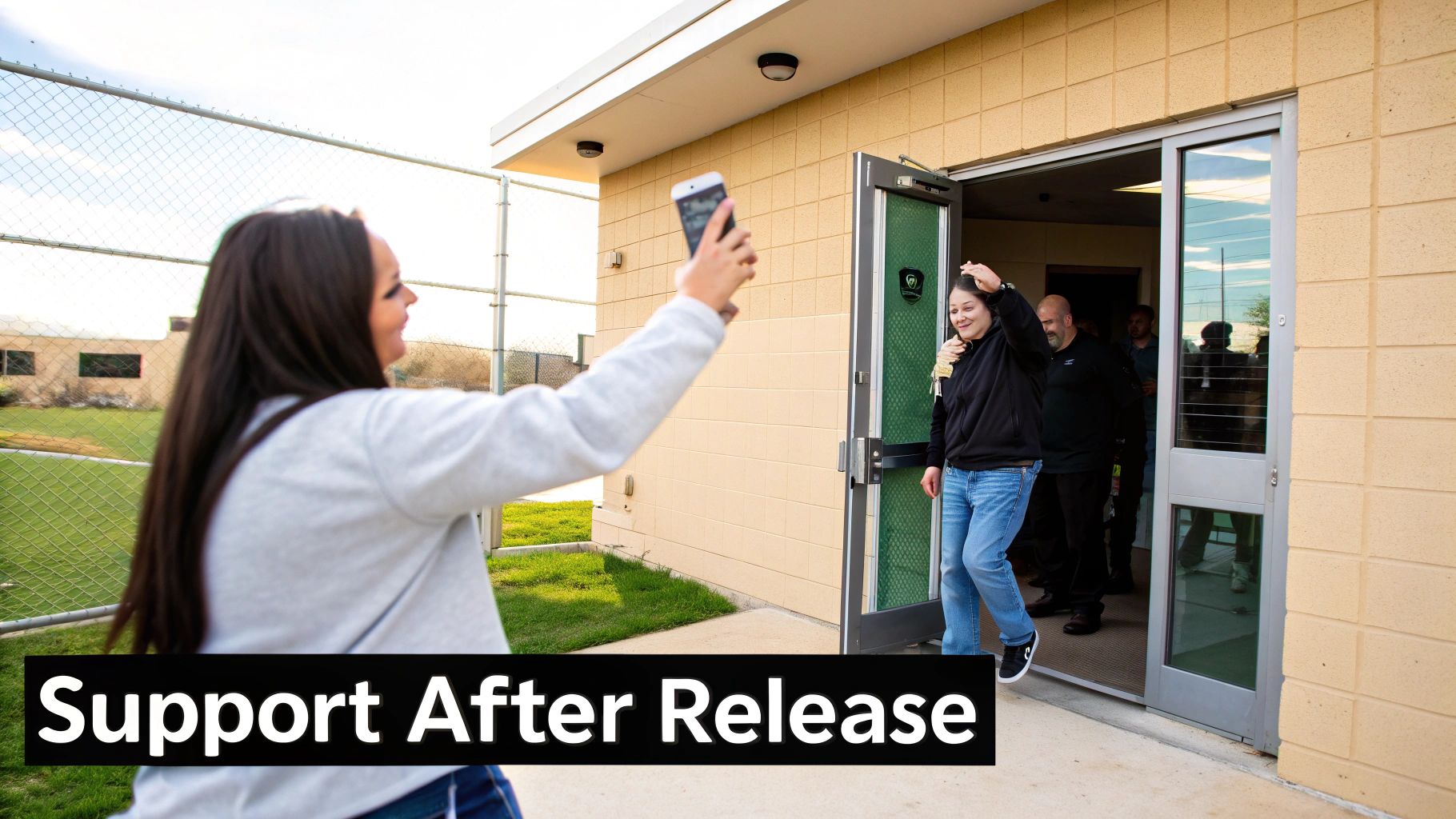 A smiling woman holding keys exits a building, while another person records her with a smartphone.