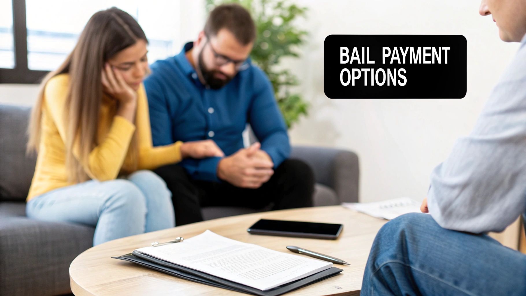 A distressed couple discussing bail payment options with a professional during a consultation.