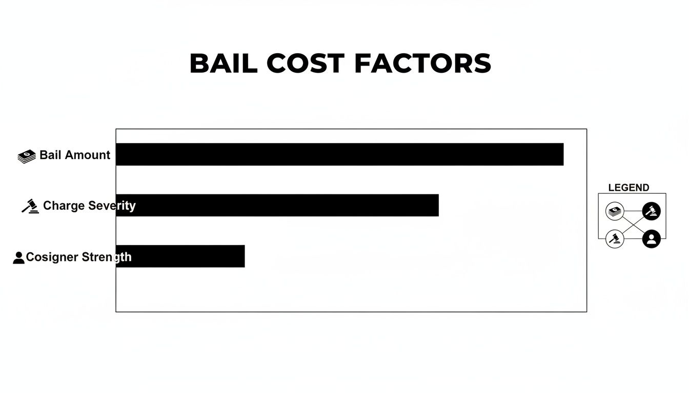 Horizontal bar chart illustrating factors affecting bail cost: Bail Amount, Charge Severity, and Cosigner Strength.