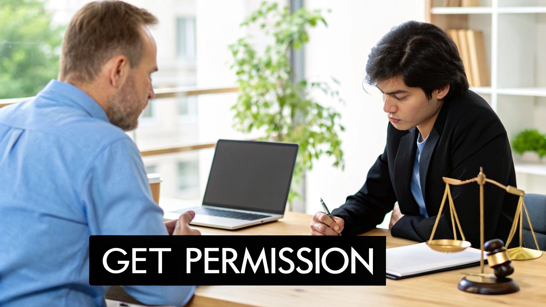 Two men, one client and one lawyer, discuss legal matters at a desk with a laptop and scale of justice.