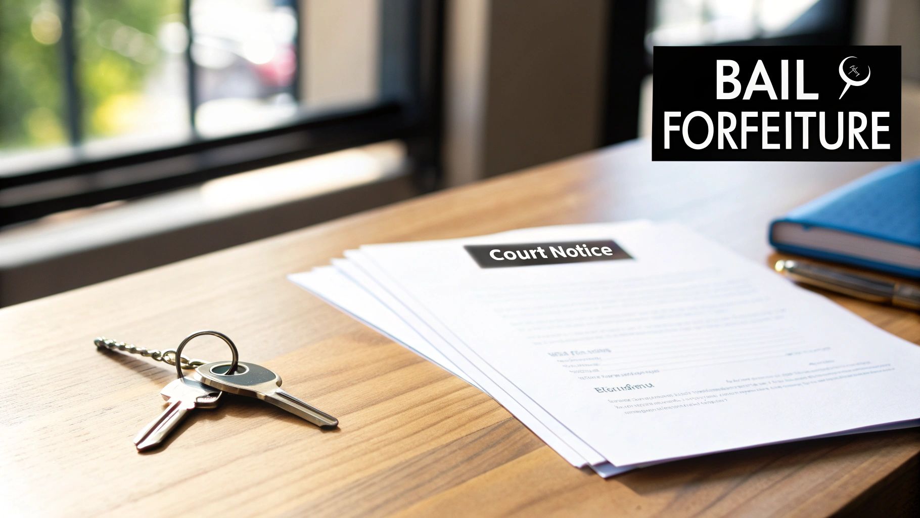 Court notice documents, keys, and a bail forfeiture sign on a light wooden desk.