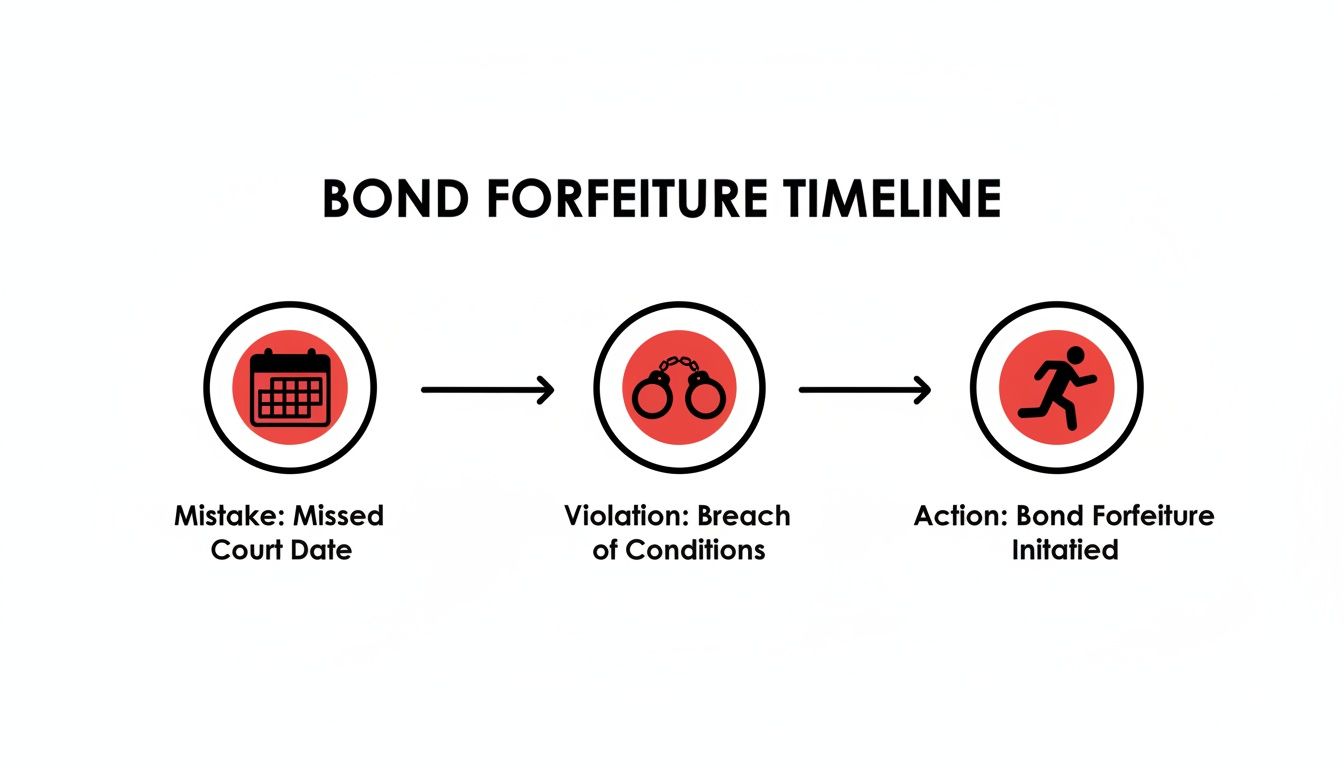 A bond forfeiture timeline illustrating the sequence of events from missed court date to bond forfeiture.