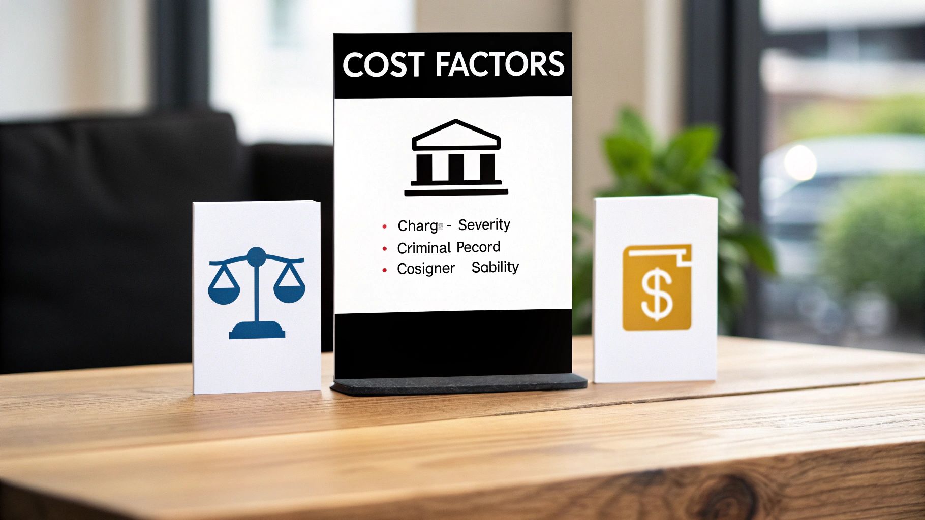 A 'COST FACTORS' sign on a table lists bail criteria: charge severity, criminal record, and cosigner stability, with scales and money icons.