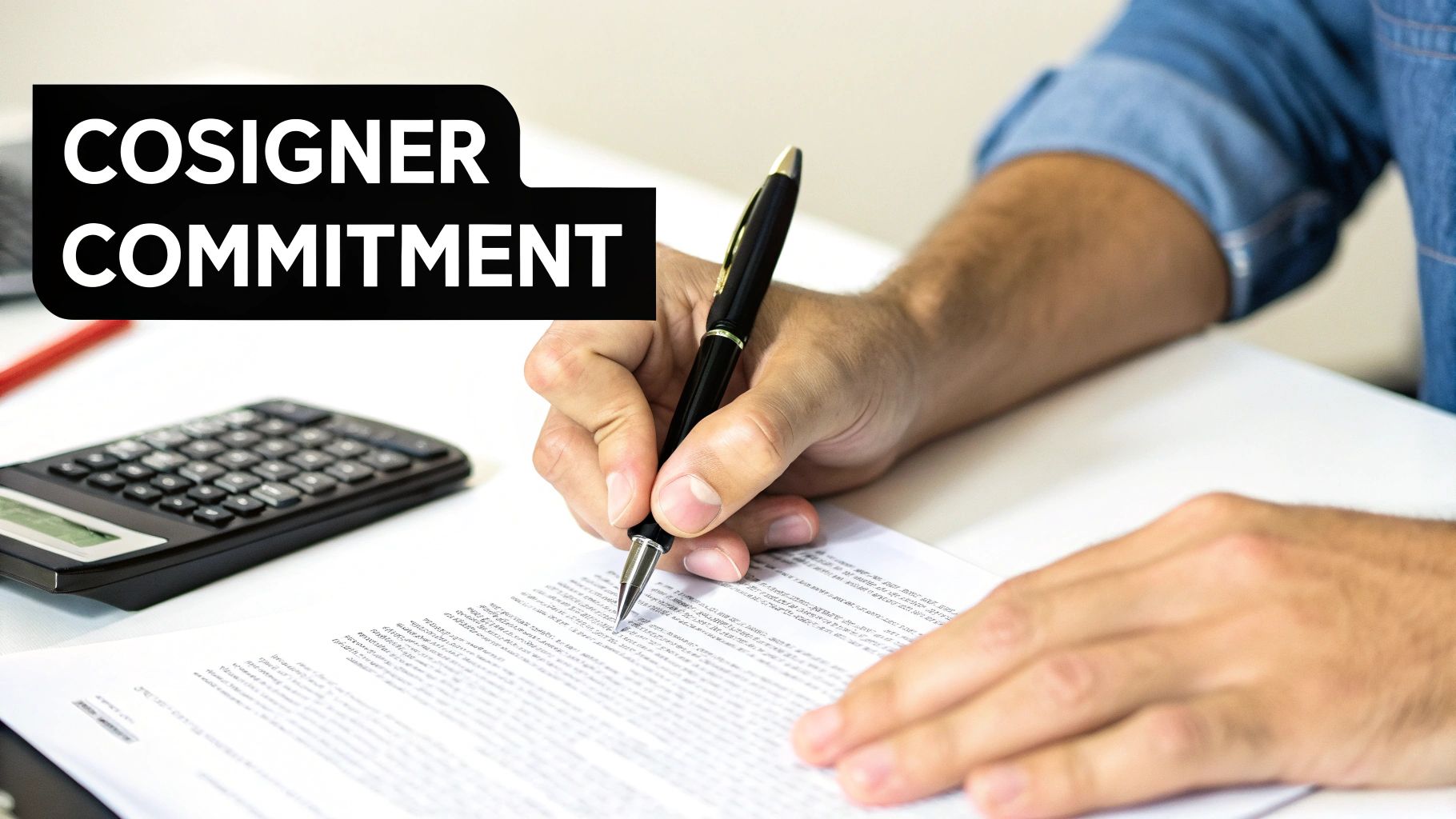 A man's hands sign a 'COSIGNER COMMITMENT' document with a pen, next to a calculator.