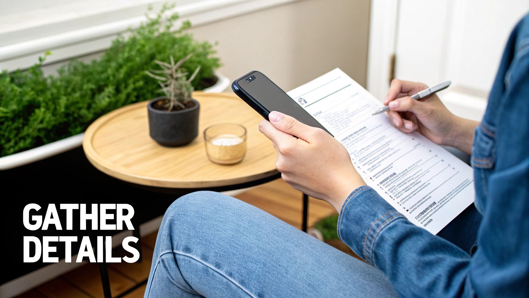 A person uses a smartphone and fills out a paper form, gathering details for a task.