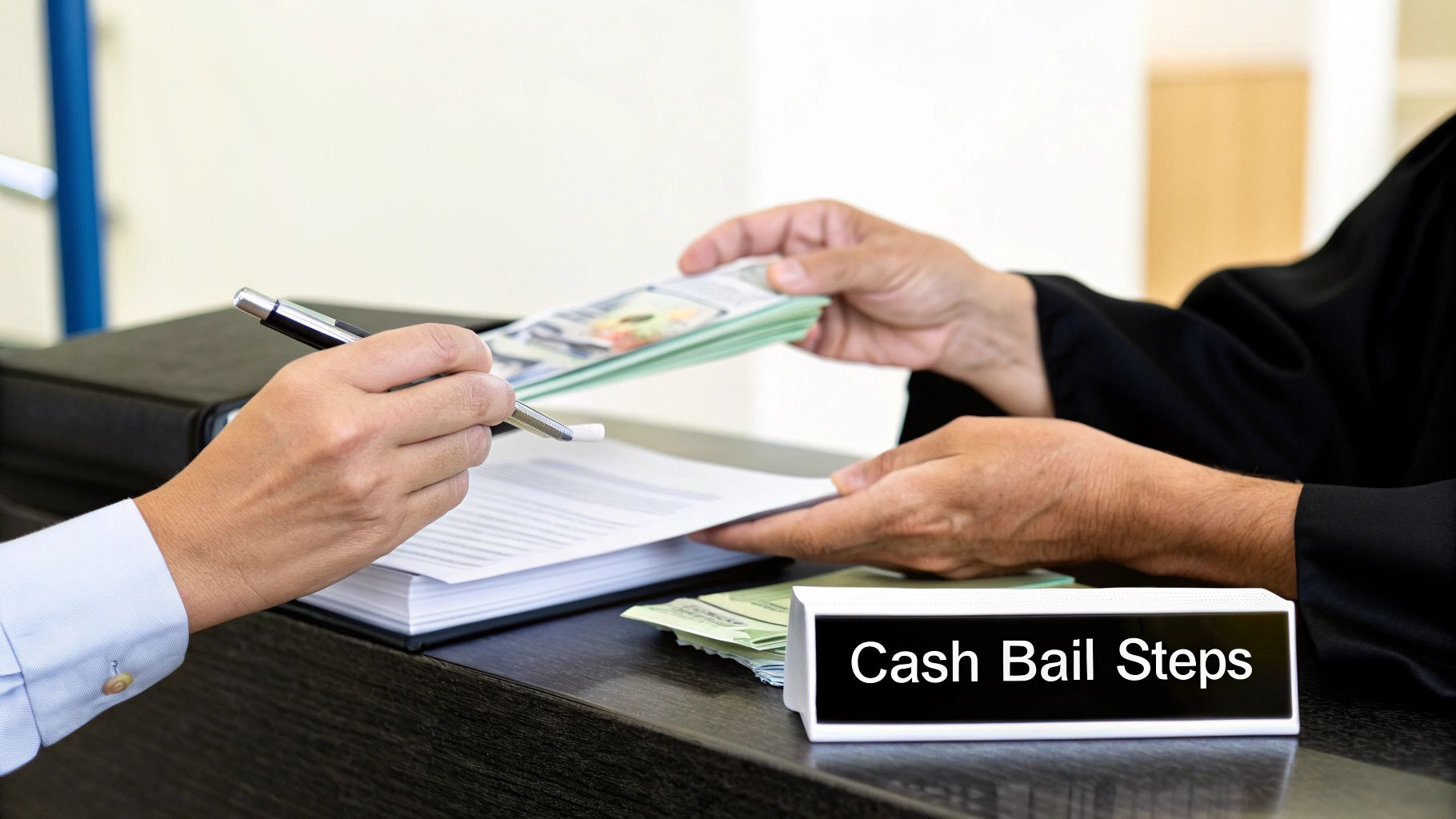 Hands exchanging cash and documents at a counter with a 'Cash Bail Steps' sign.