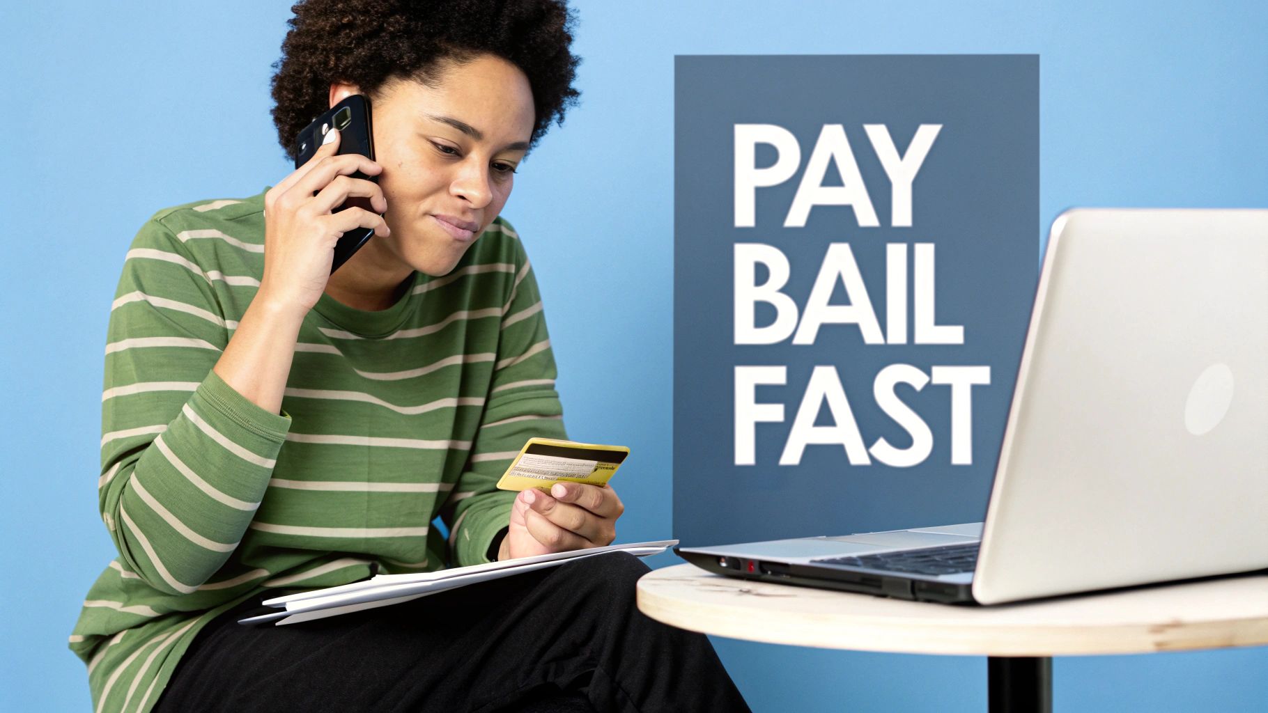 A person on a phone holding a credit card next to a laptop and a 'PAY BAIL FAST' sign.