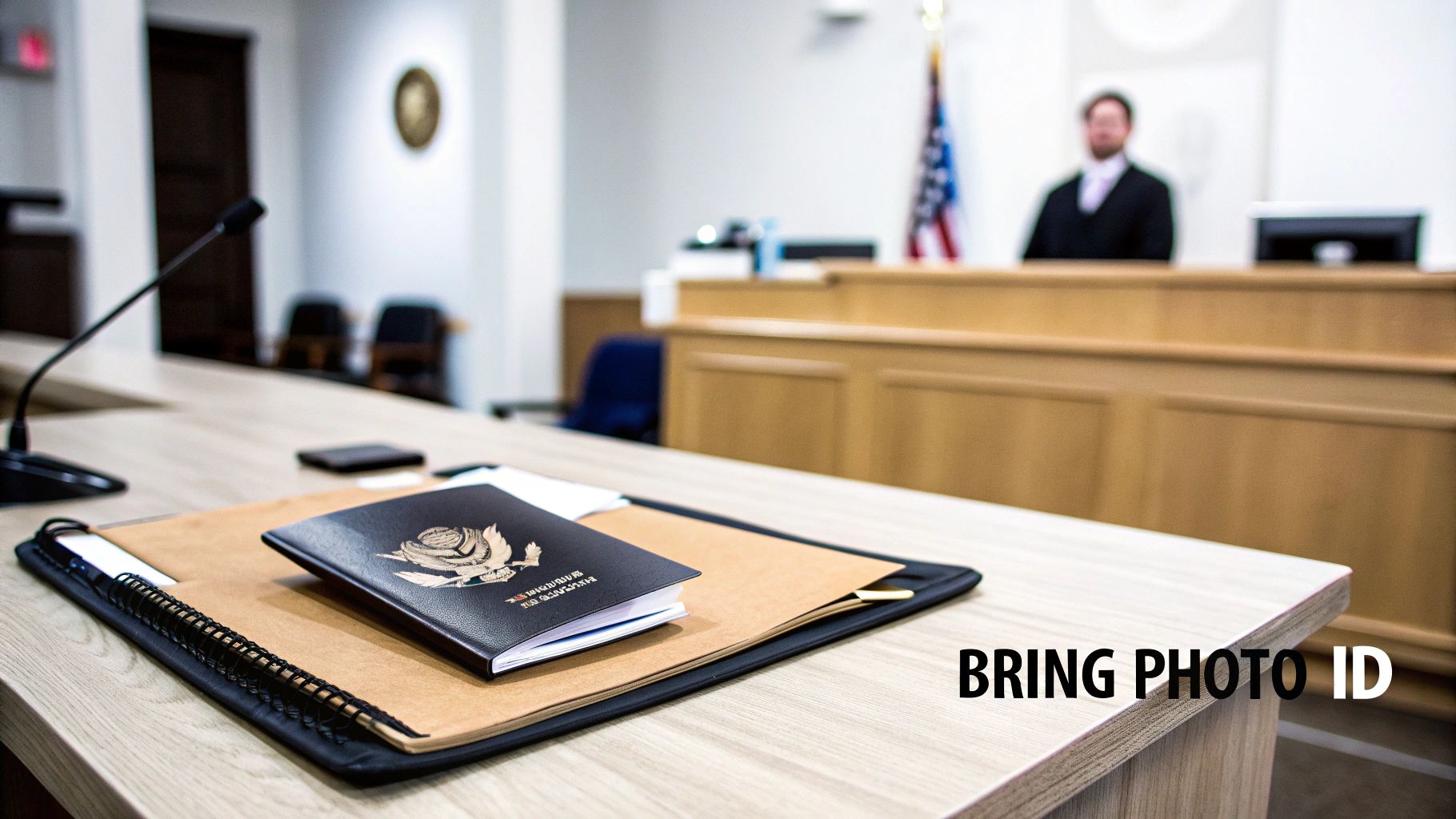 A passport and documents on a courtroom table with a microphone and a judge, featuring 'BRING PHOTO ID' text.