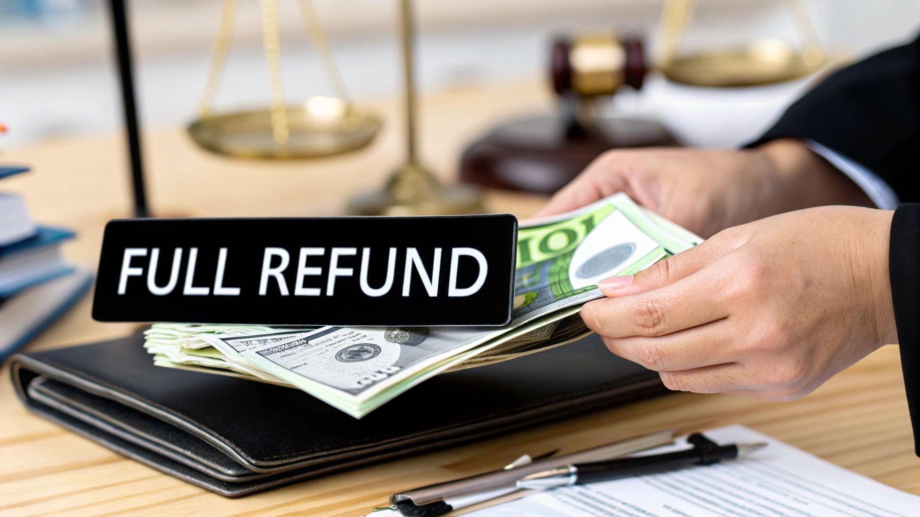 Hands counting cash (Euros and Dollars) with a 'FULL REFUND' sign and scales of justice.