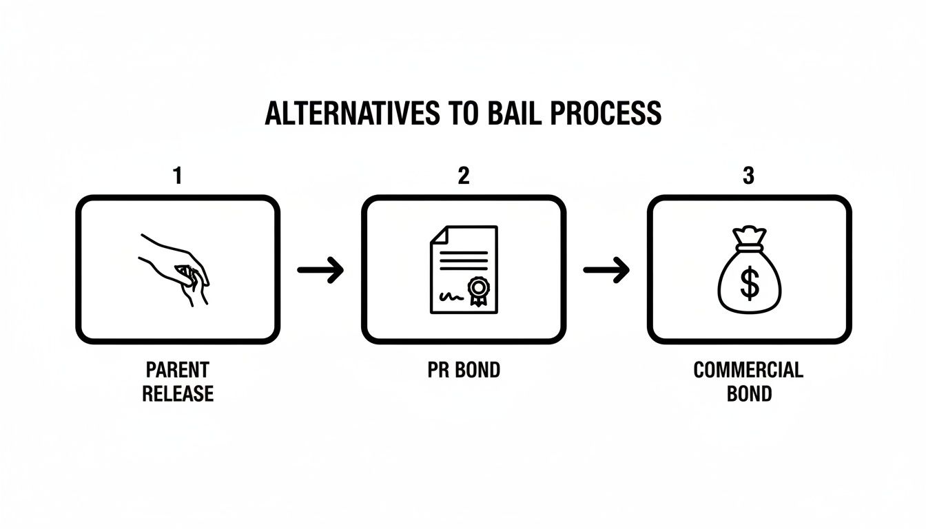 Flowchart showing three alternatives to the bail process: Parent Release, PR Bond, and Commercial Bond.