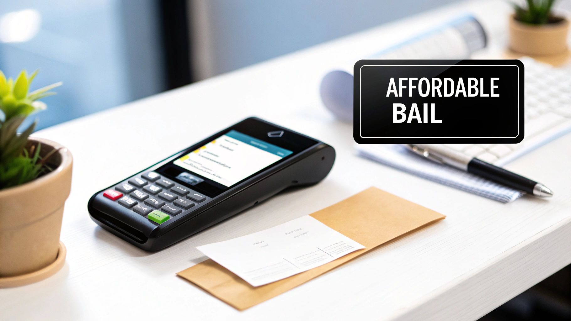 A desk with a payment terminal, papers, a pen, and a sign displaying 'AFFORDABLE BAIL'.
