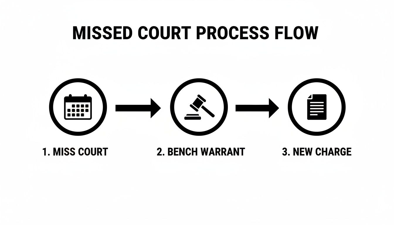 Flowchart illustrating the legal process after missing court: miss court, bench warrant, then new charge.