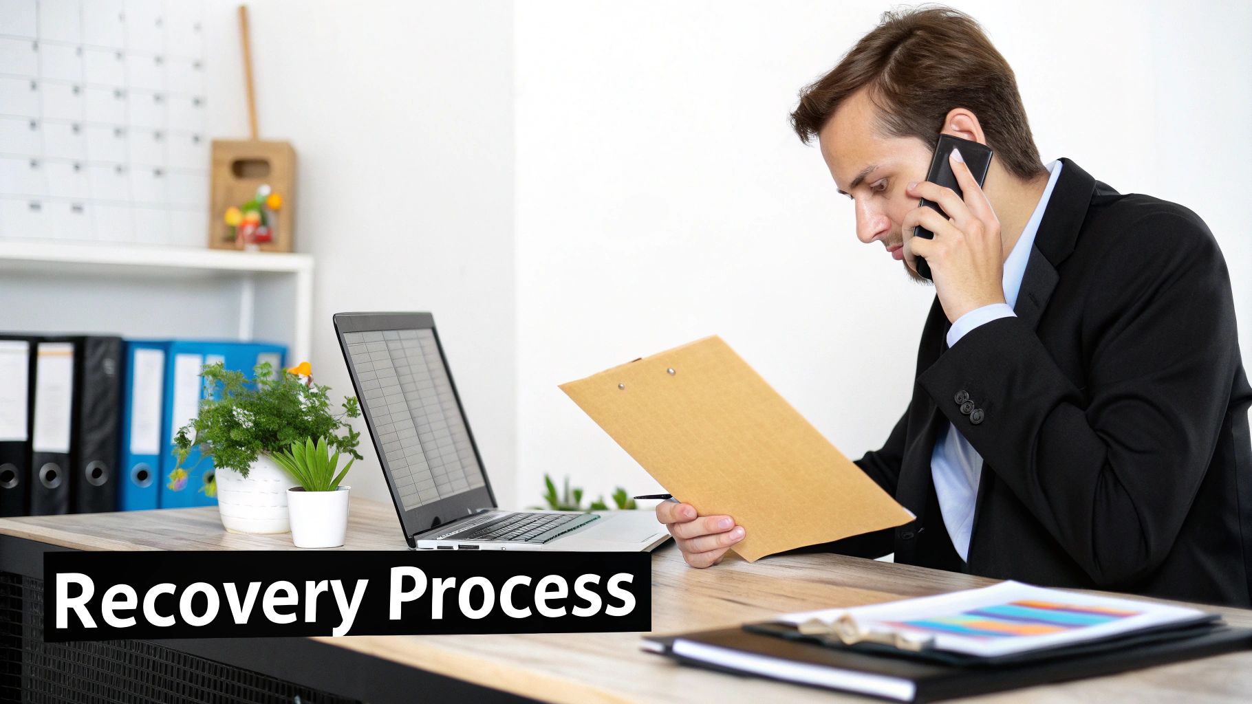 A man in a business suit talks on the phone while reviewing documents on a clipboard at his desk.