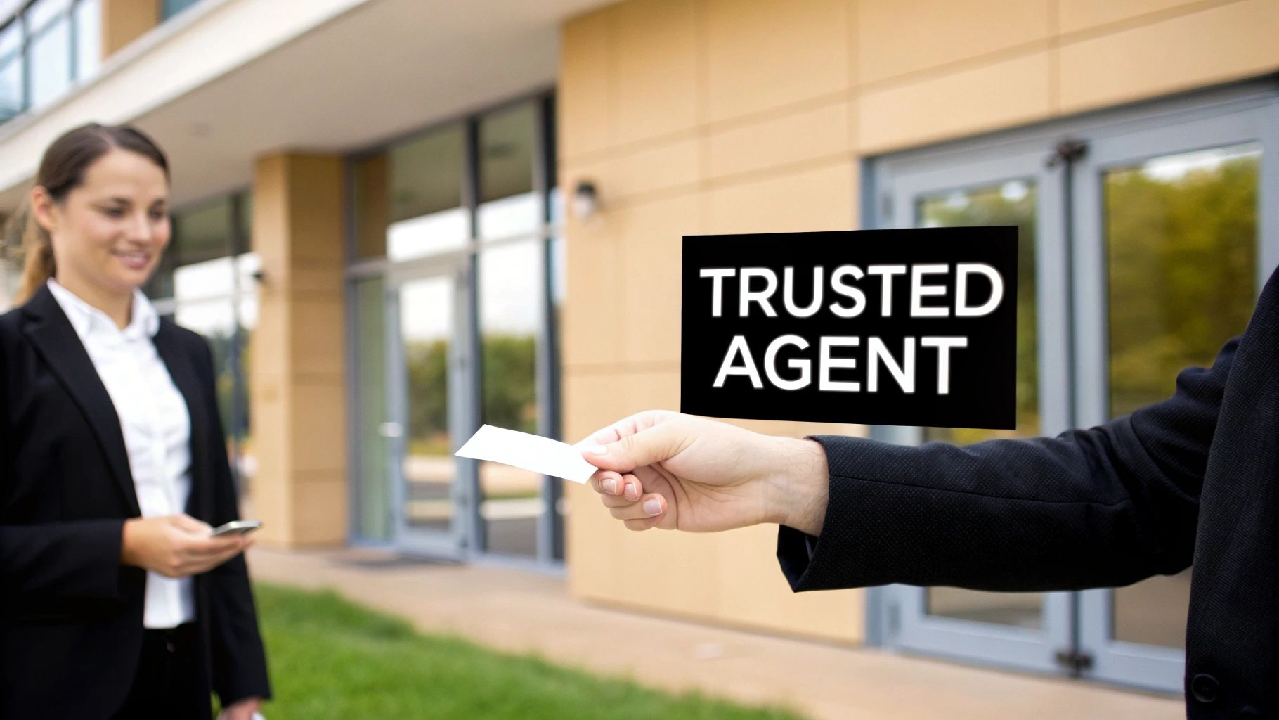 A hand extends a business card to a smiling woman, with 'TRUSTED AGENT' text overlaid.