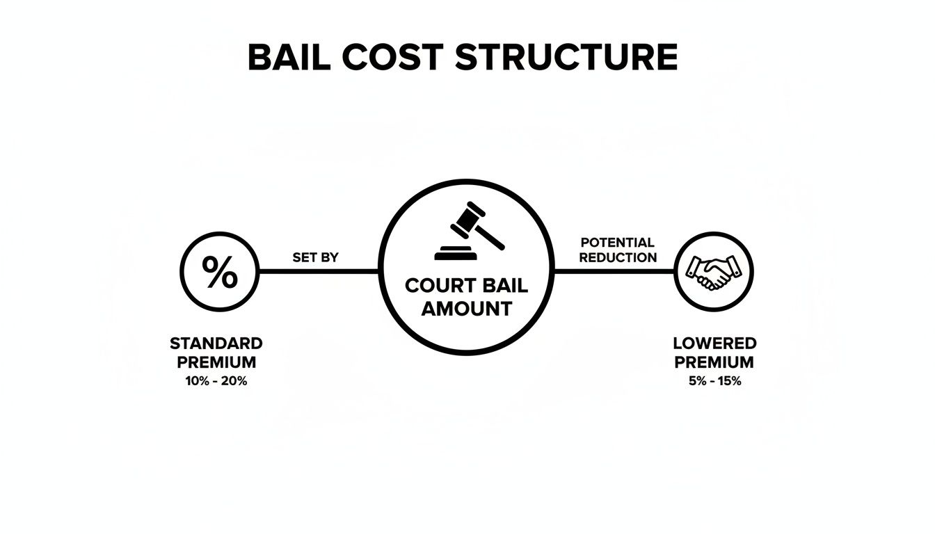 A flowchart detailing bail cost structure, from court bail amount to standard and lowered premiums.