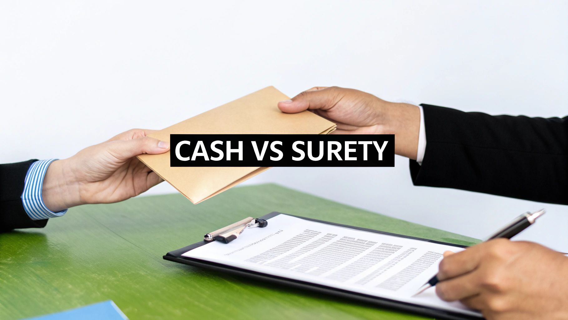 Two hands exchanging a brown envelope over a desk with legal documents, illustrating cash vs surety.