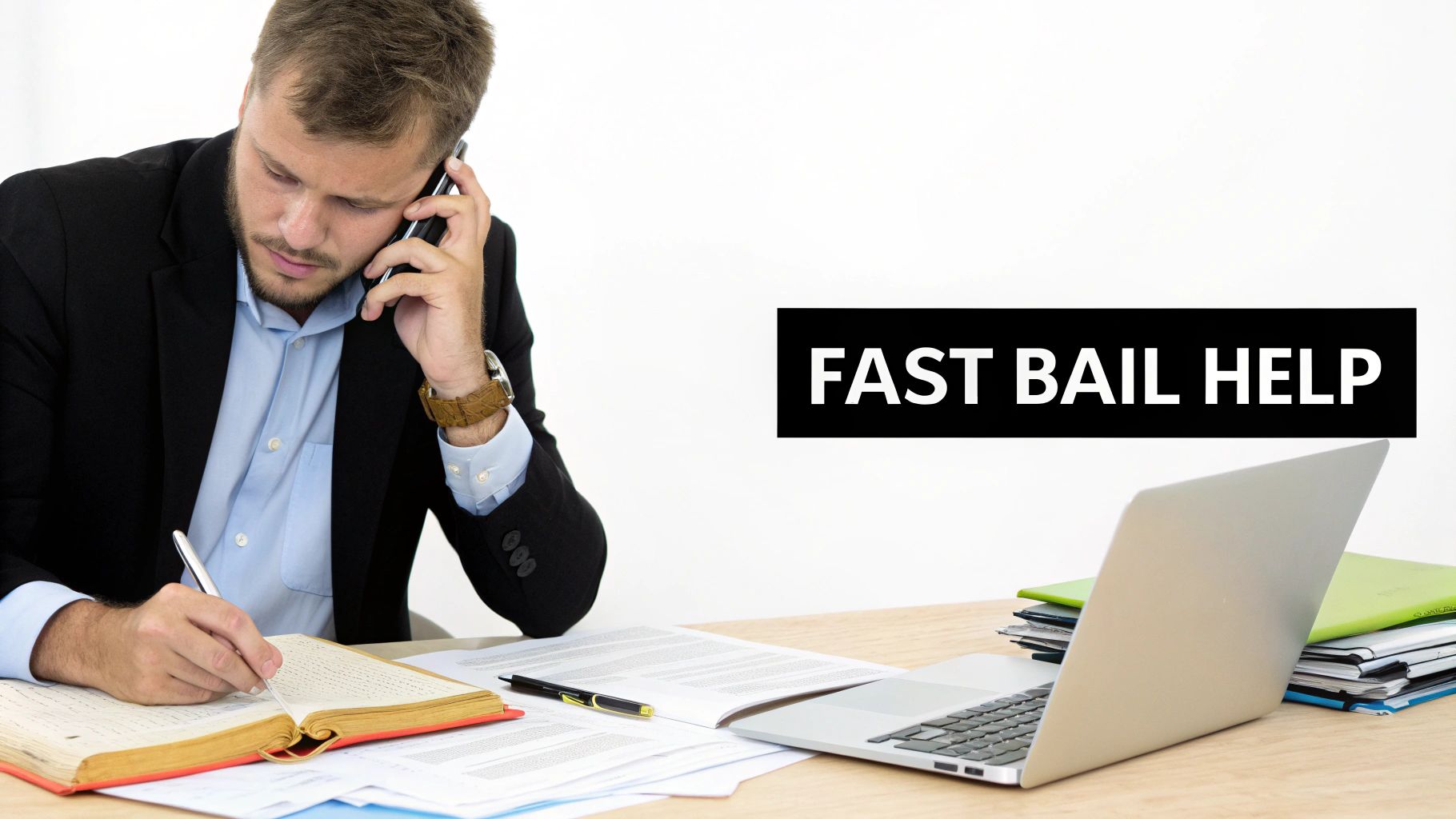 Professional man on call, writing in a ledger at a desk with 'FAST BAIL HELP' displayed.