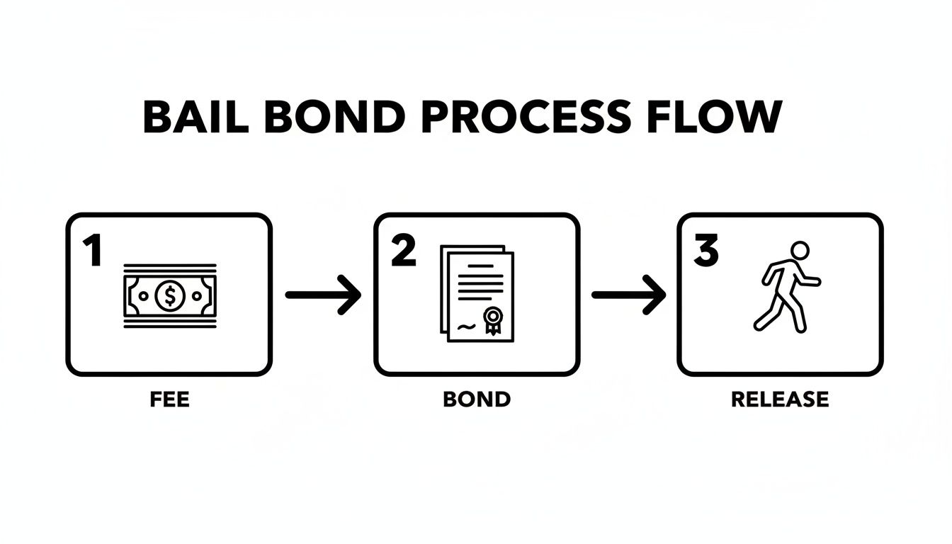A diagram illustrating the three-step bail bond process: 1. Fee (money icon), 2. Bond (document icon), 3. Release (person walking icon).
