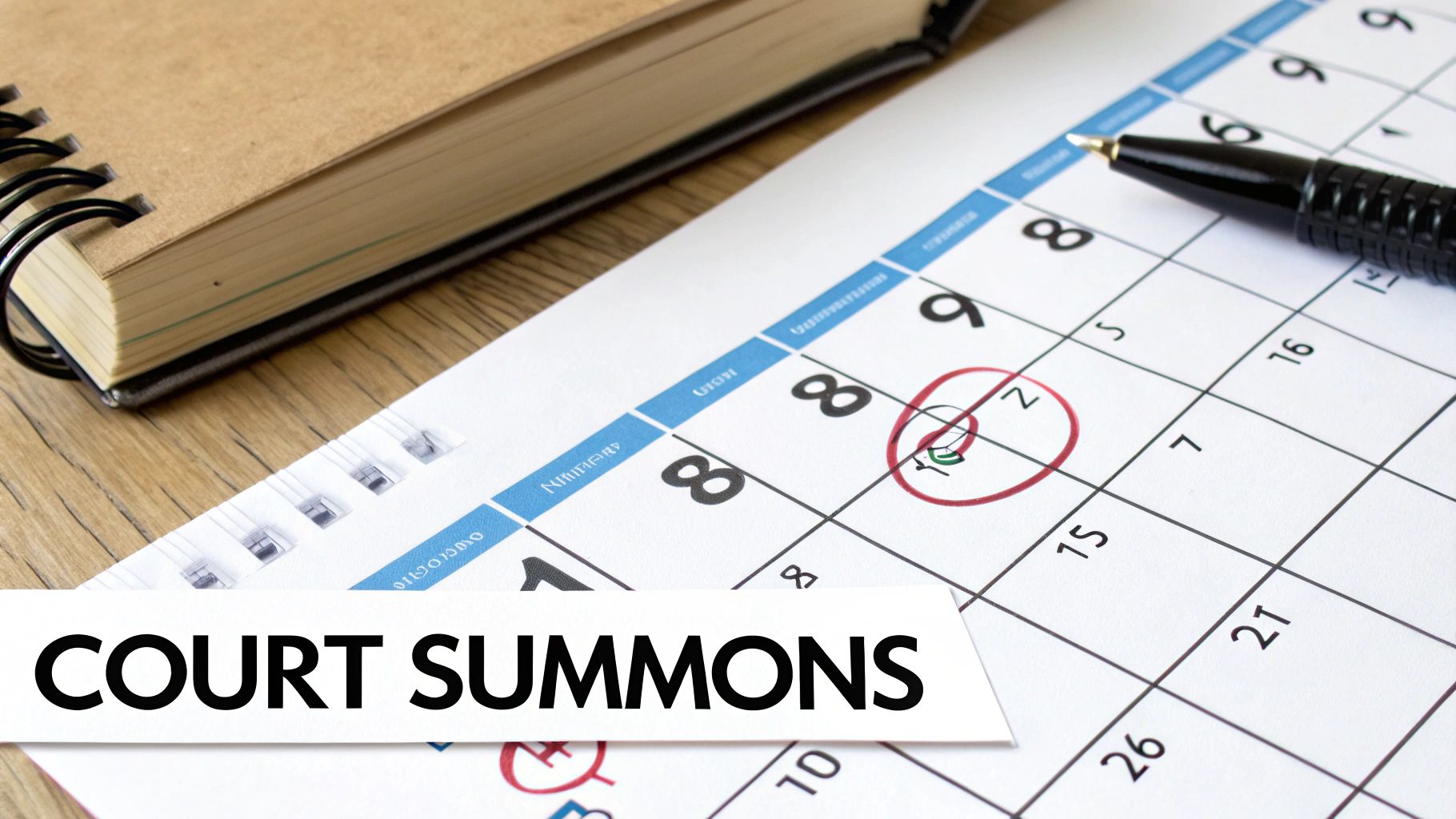 A close-up of a calendar with a date circled in red, alongside a pen and notebook, showing a "COURT SUMMONS" message.