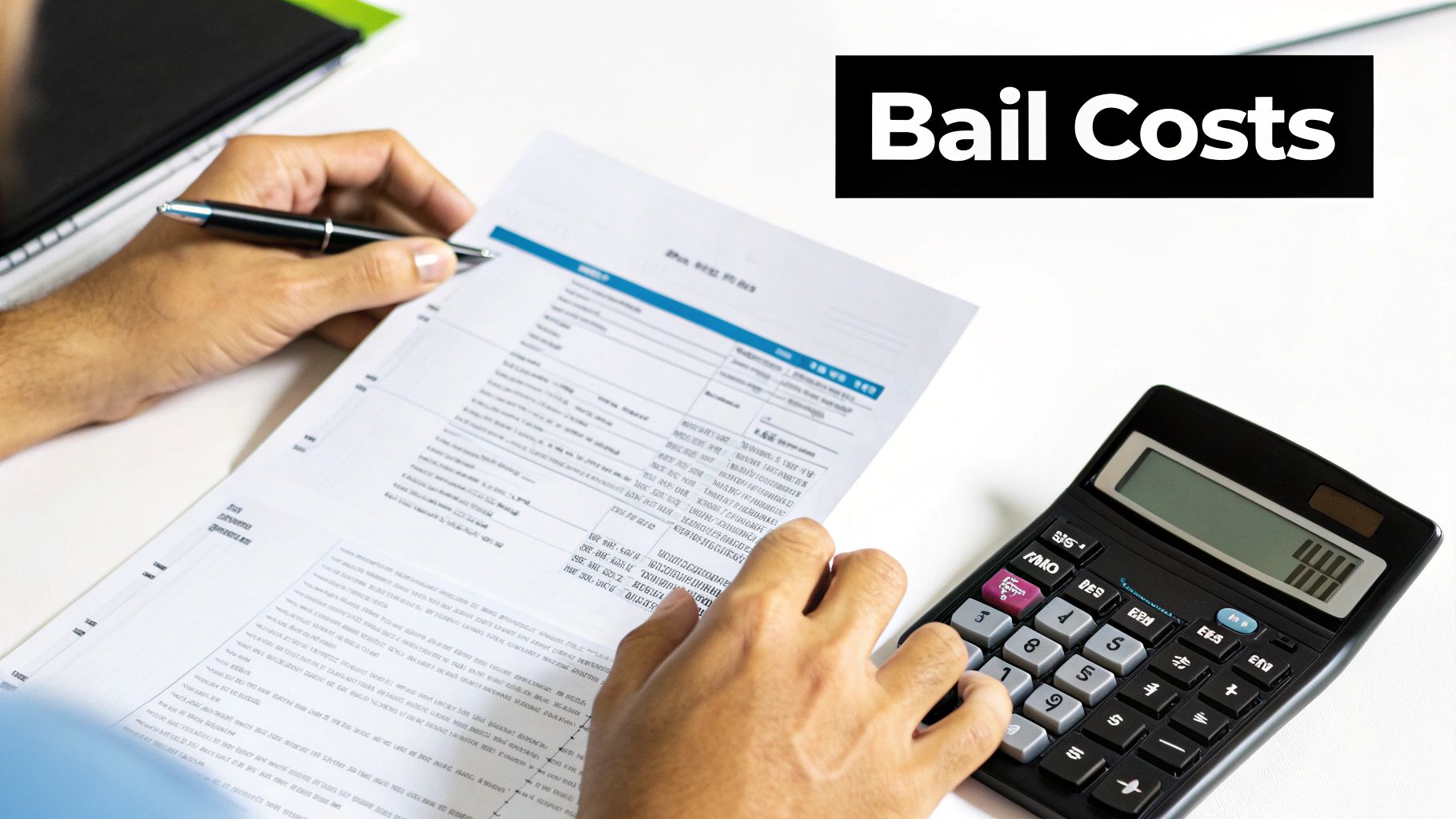 Hands calculating bail costs on a document with a pen and calculator on a white desk.