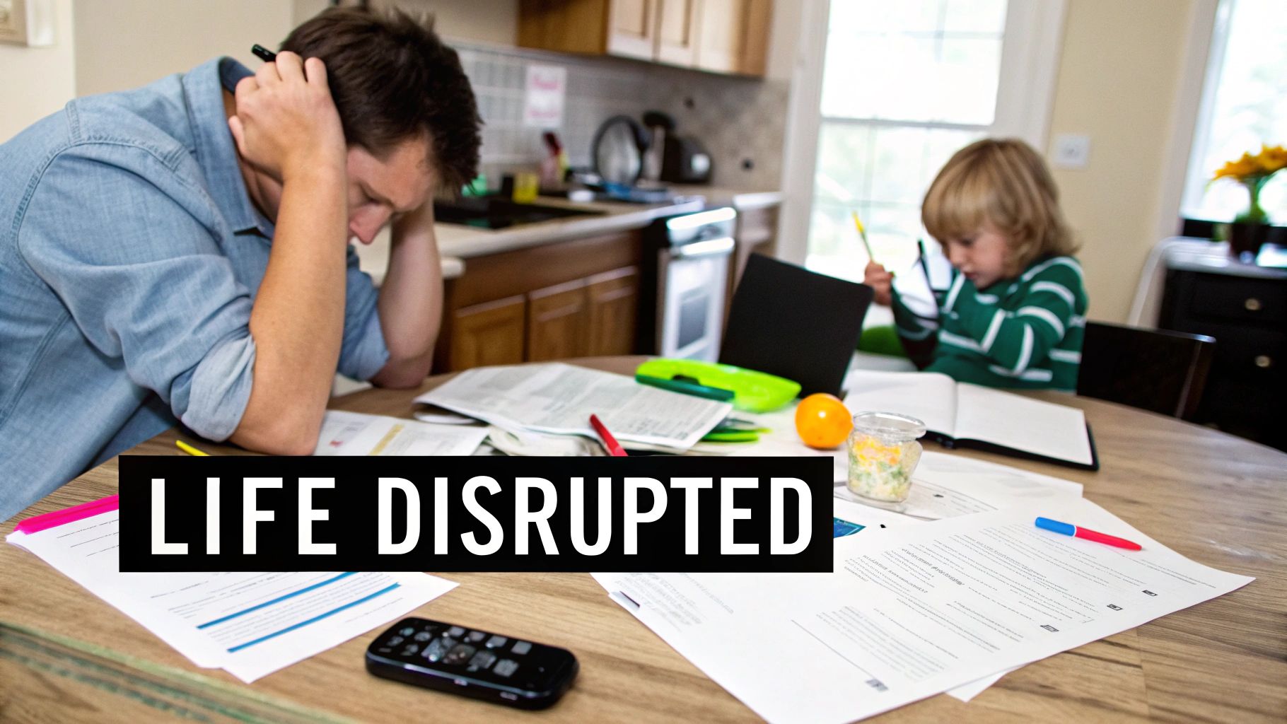 A man looking stressed with papers and a laptop on a table, while a child is in the background.