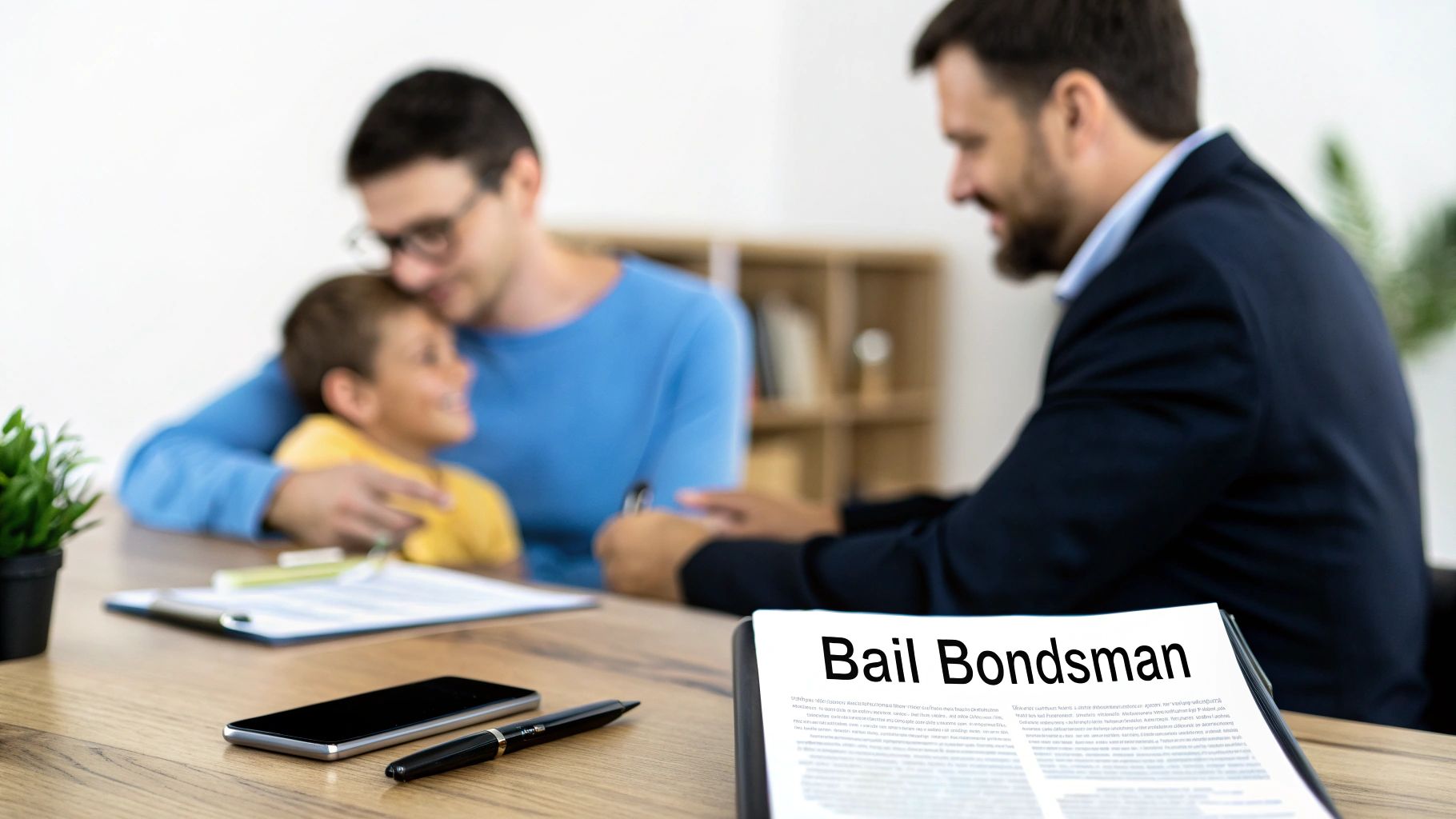 A bail bondsman meets with a man and child, with a "Bail Bondsman" document on the desk.