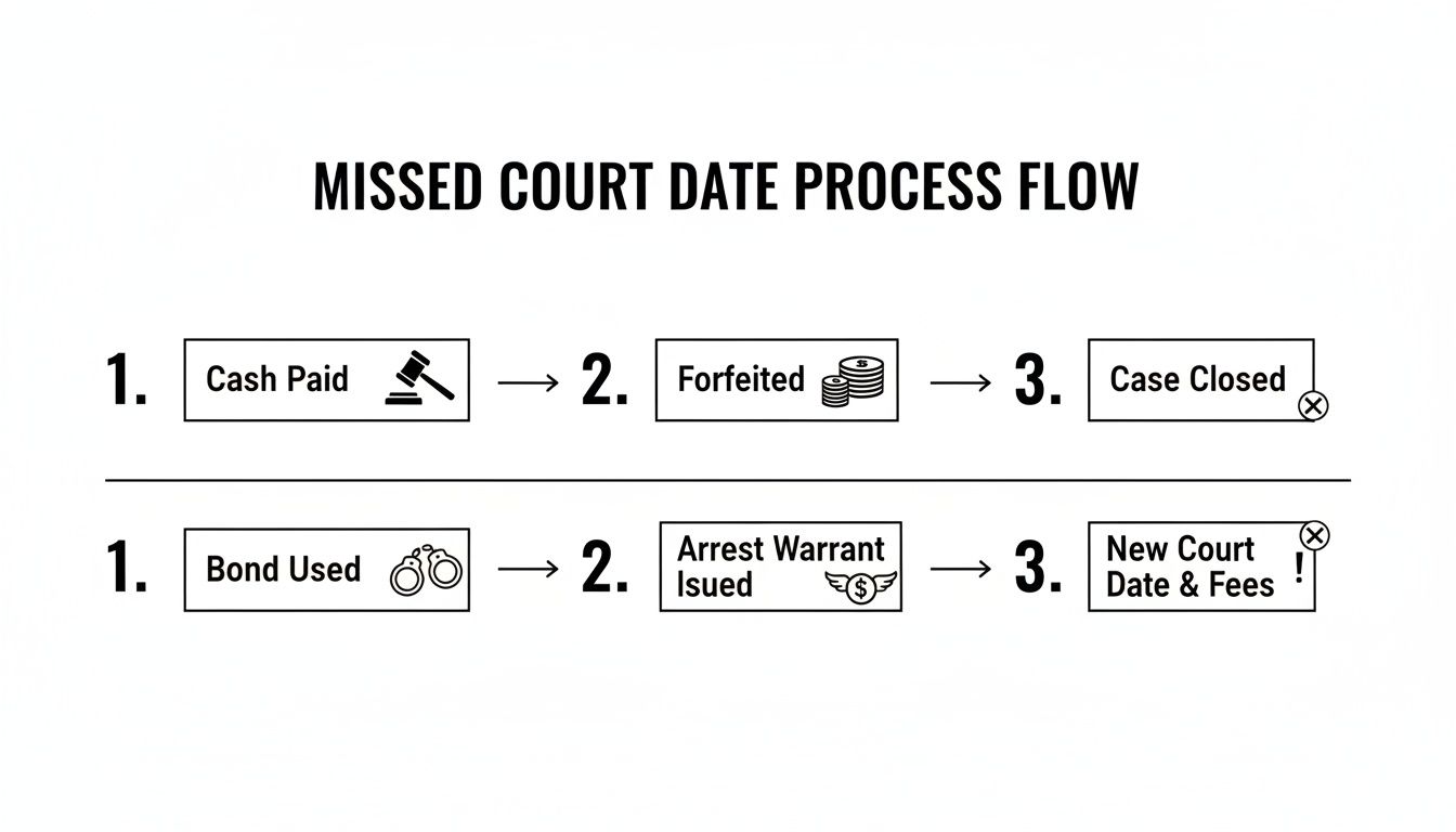 A flow chart illustrating two different processes that occur after a missed court date.