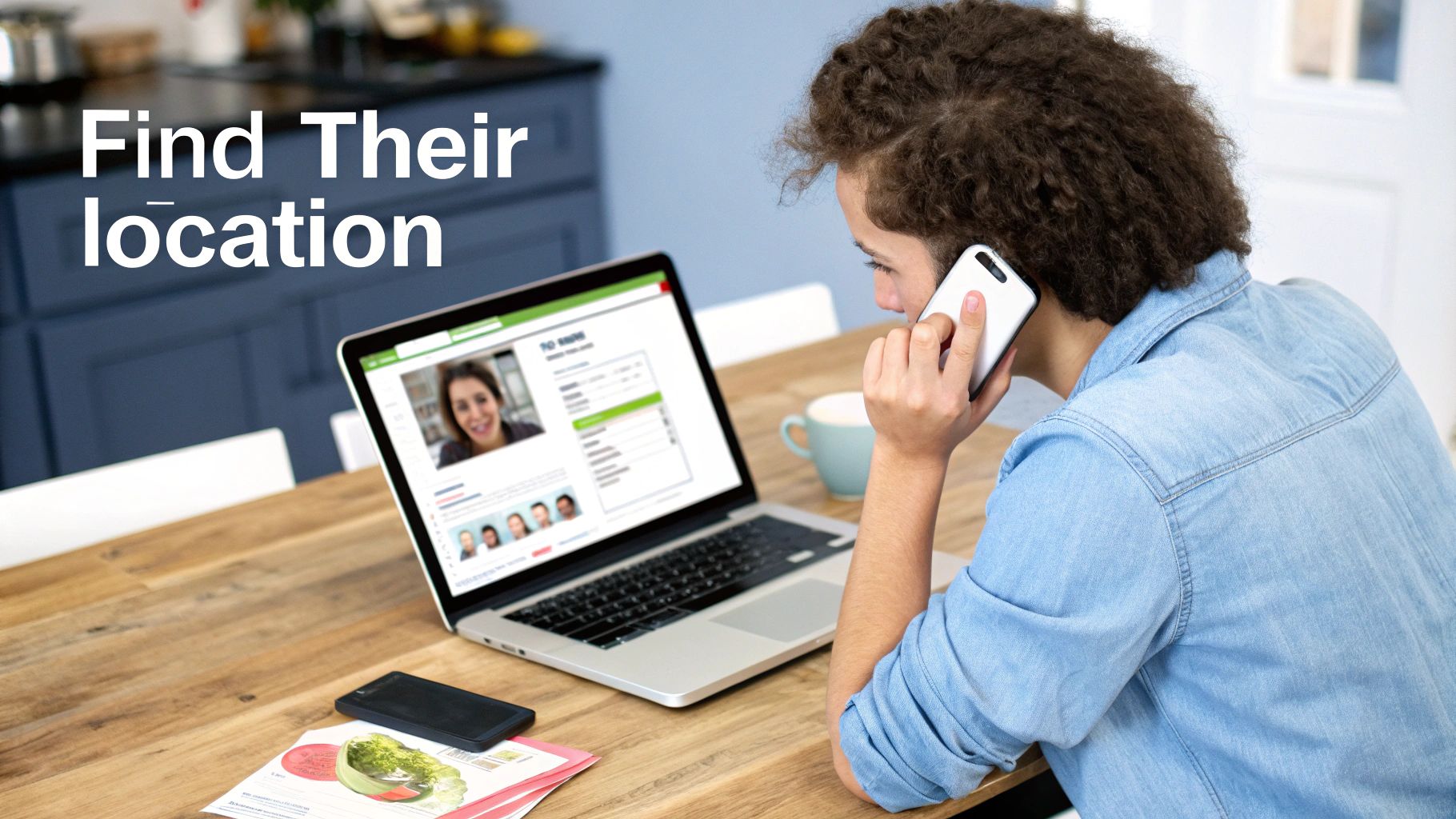 Person on phone using laptop to find location, displaying a profile with a woman's picture.
