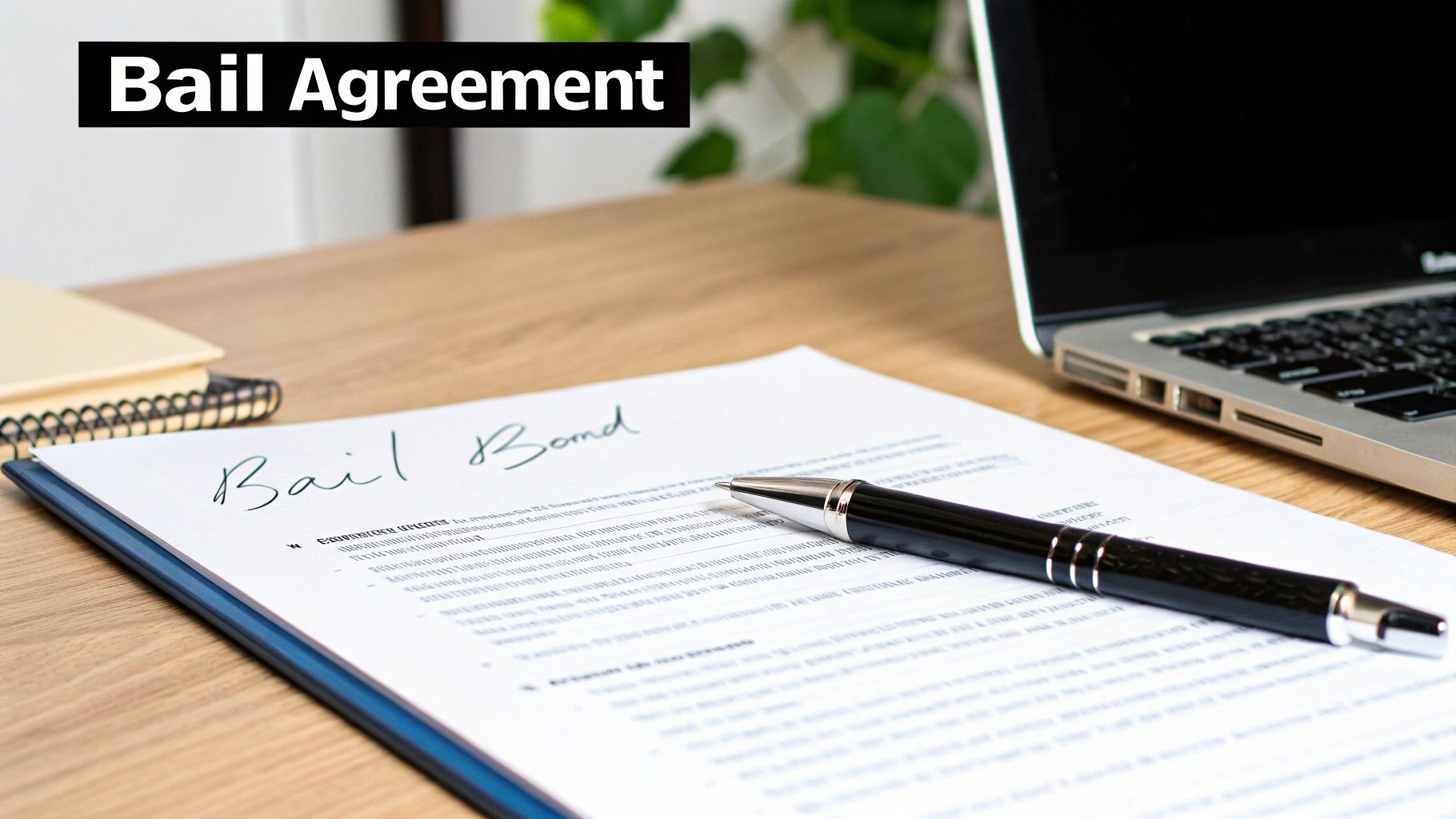 A bail bond agreement document on a wooden desk with a pen, laptop, and notebook.