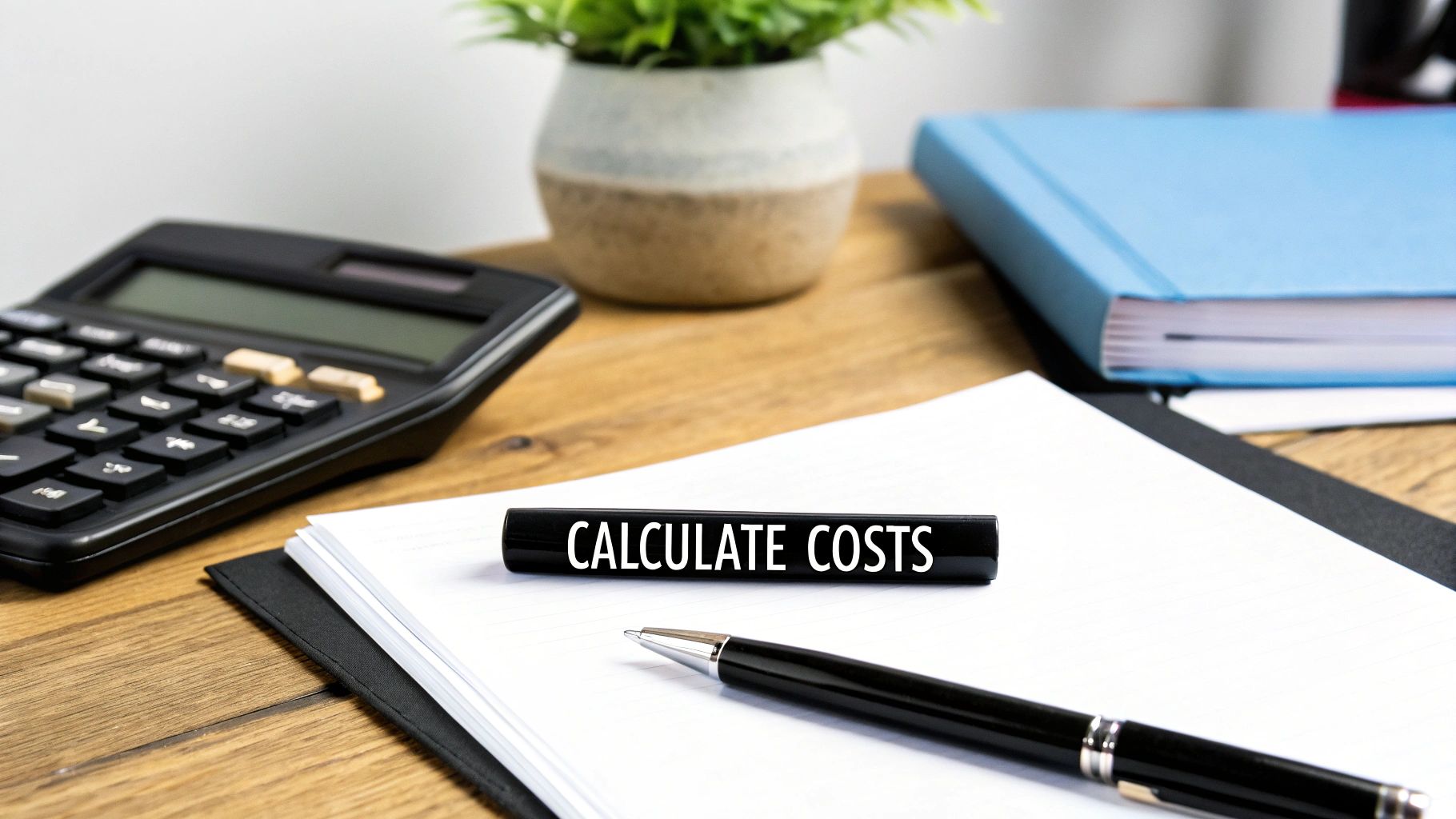 A calculator, pen, and notebook with 'CALCULATE COSTS' written on a desk, for financial planning.