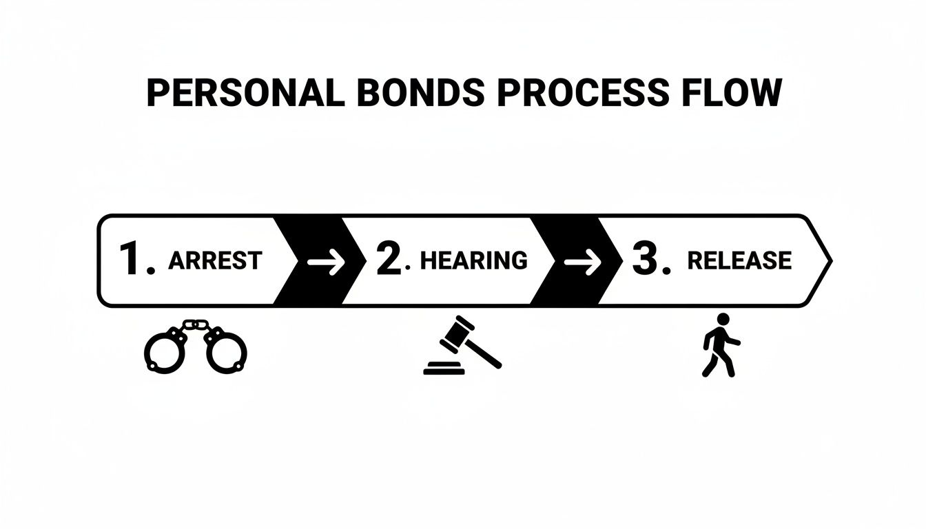 A personal bonds process flow diagram illustrating three sequential steps: arrest, hearing, and release, with corresponding icons.