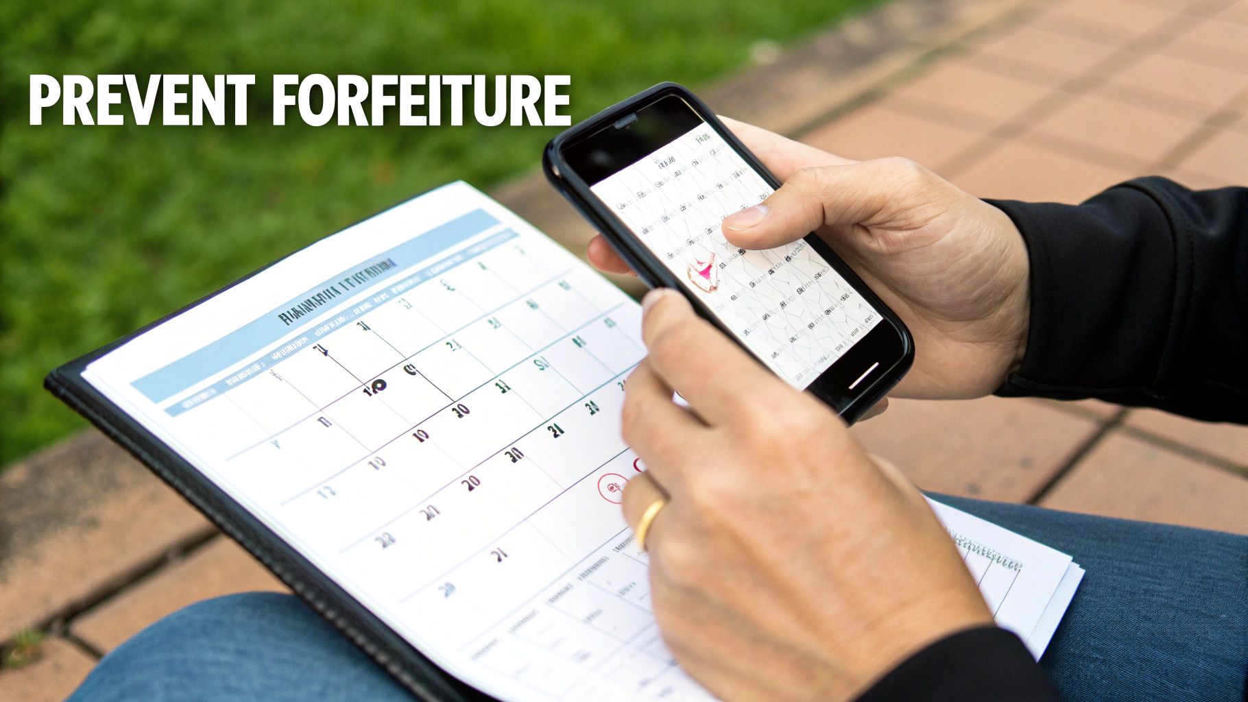 A person uses a smartphone and a paper calendar, likely scheduling tasks to prevent forfeiture.