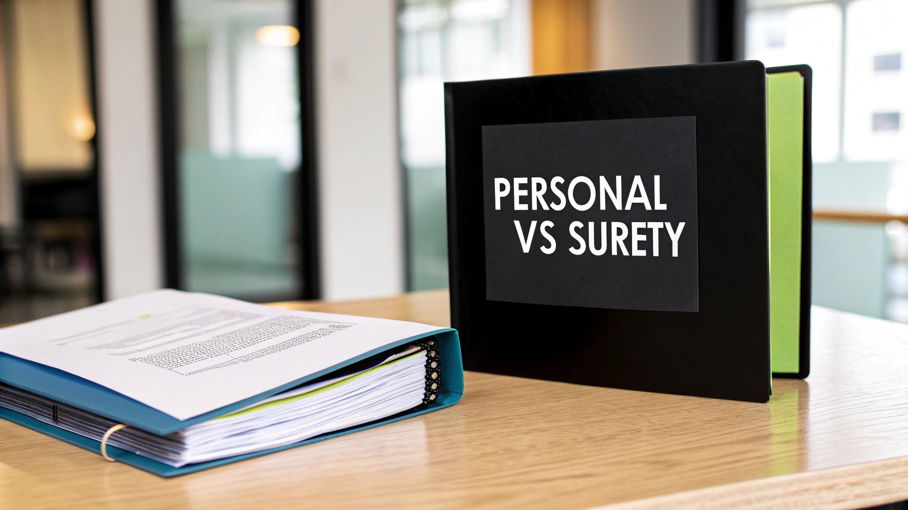 Two office binders, one prominently displaying 'PERSONAL VS SURETY', on a wooden desk.