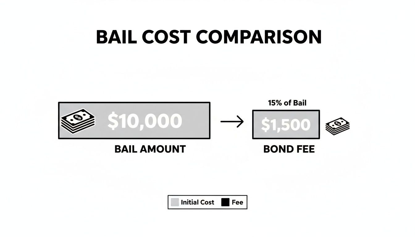Bail cost comparison diagram illustrating a $10,000 bail amount and a $1,500 bond fee (15% of bail), emphasizing financial relief through bail bond services.